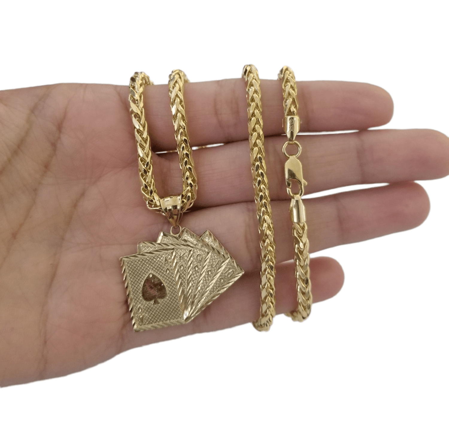 10k Yellow Gold Card Game Pendent 4mm Palm Chain 22" Inch Necklace - GoldenlinQ