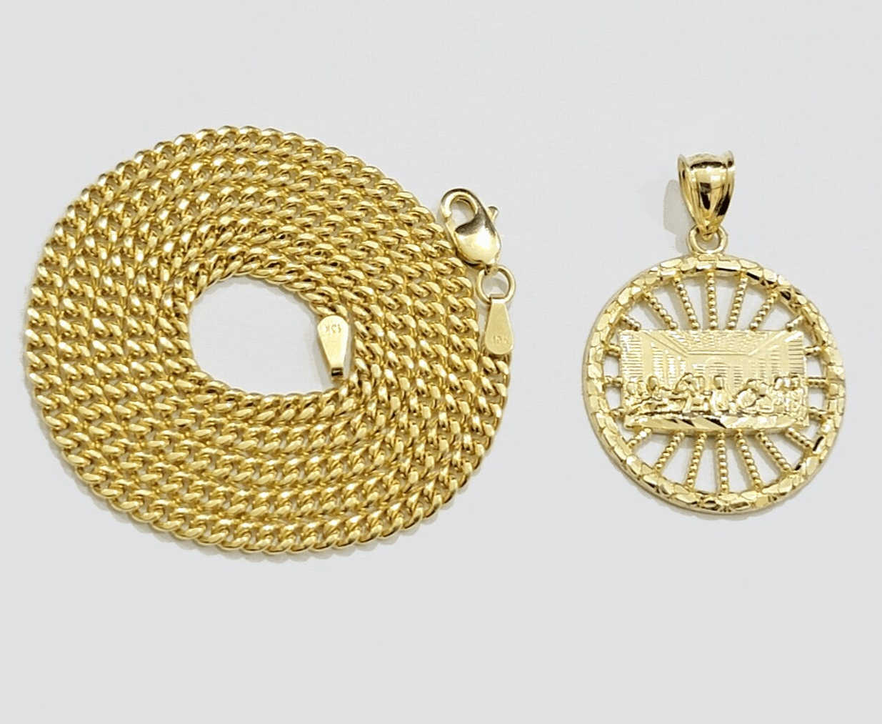 10k Yellow Gold chain Charm Pendant set Miami Cuban 4mm 20 Inch & Last supper - GoldenlinQ