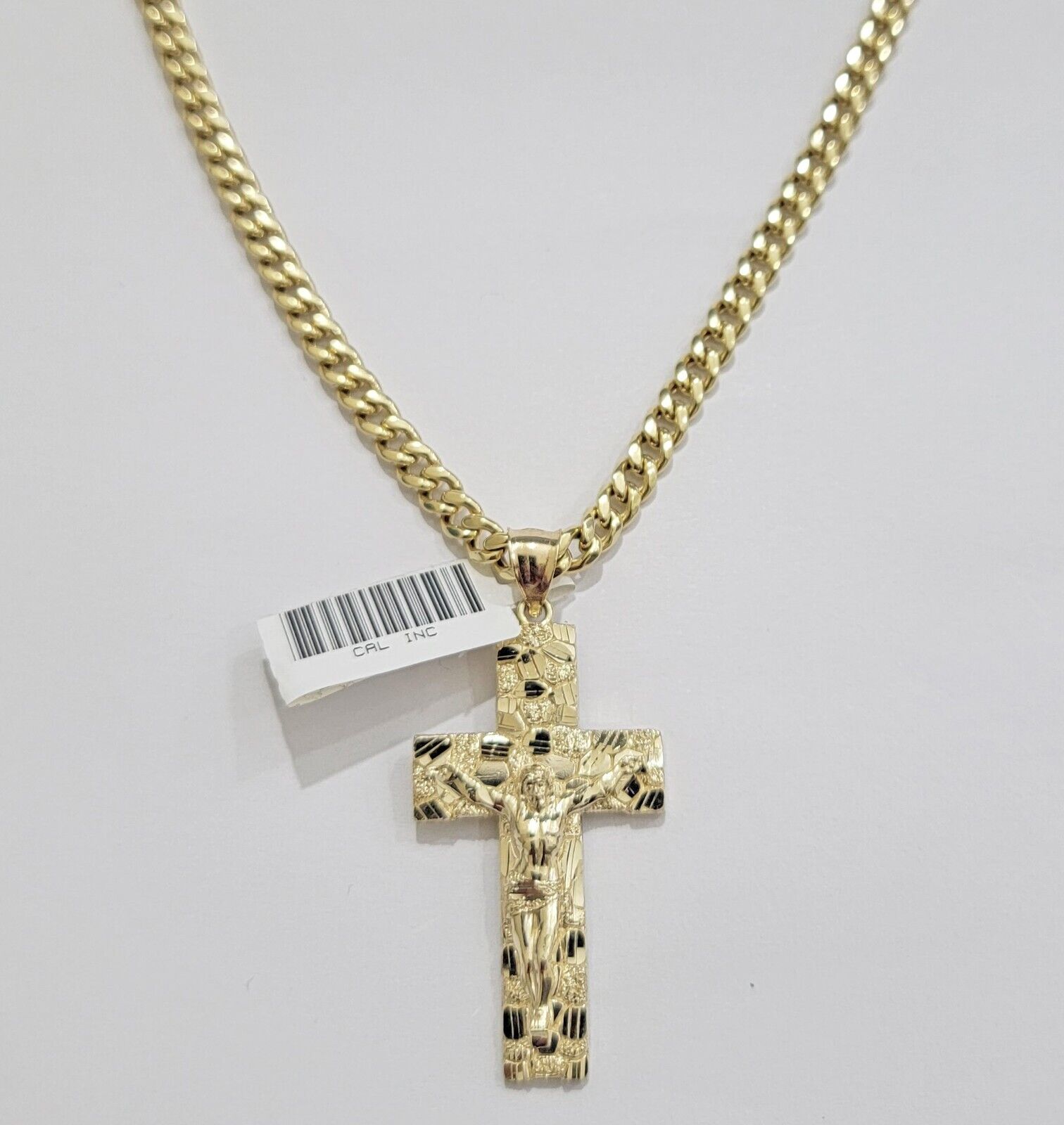 10k Yellow Gold Chain Nugget Pendant Set Miami Cuban link Necklace 5mm 18" - 28" - GoldenlinQ