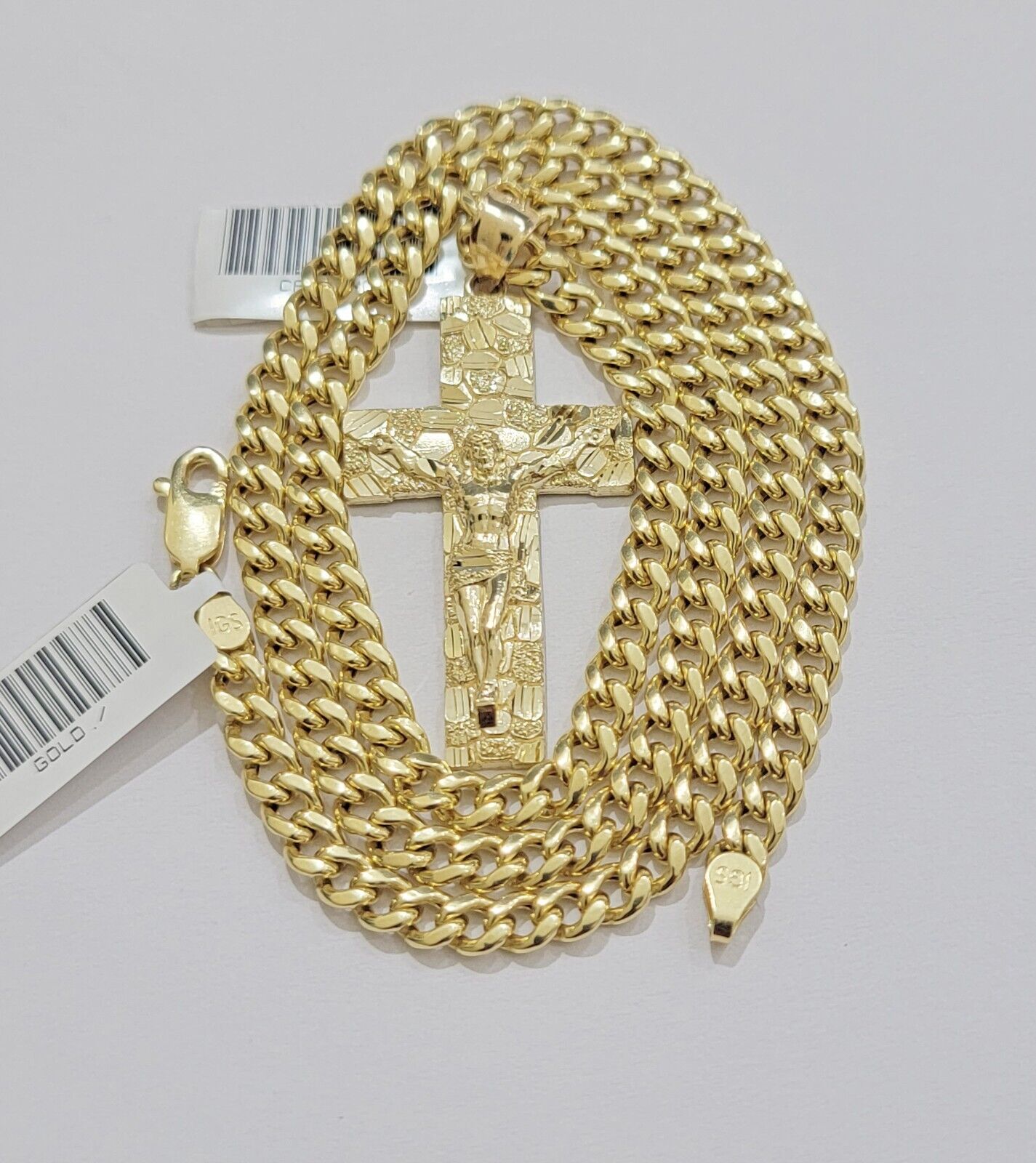 10k Yellow Gold Chain Nugget Pendant Set Miami Cuban link Necklace 5mm 18" - 28" - GoldenlinQ