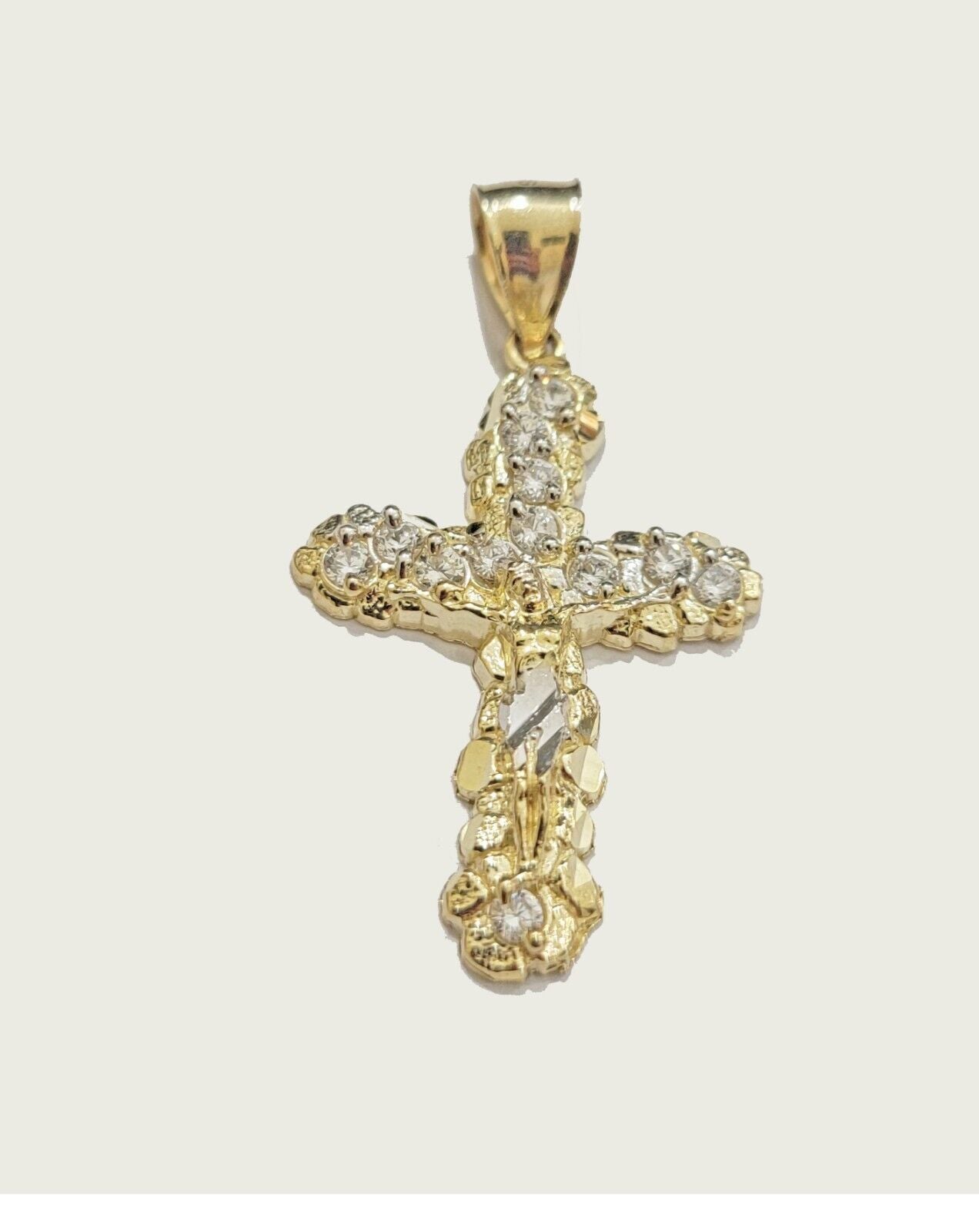 10k Yellow Gold Cross Charm pendant 1.5" With Cubic Zirconia Real 10KT Men Women - GoldenlinQ