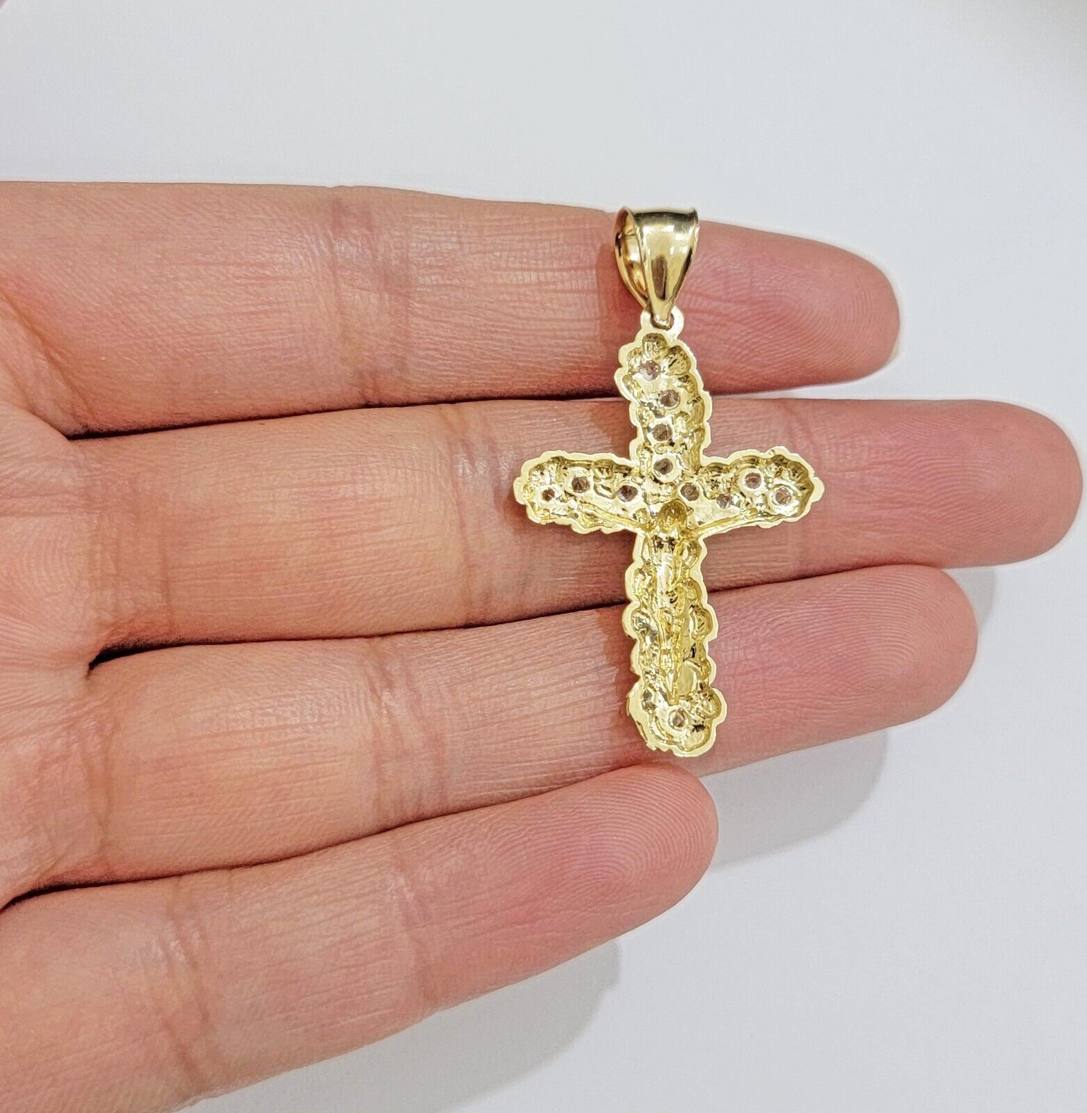10k Yellow Gold Cross Charm pendant 1.5" With Cubic Zirconia Real 10KT Men Women - GoldenlinQ