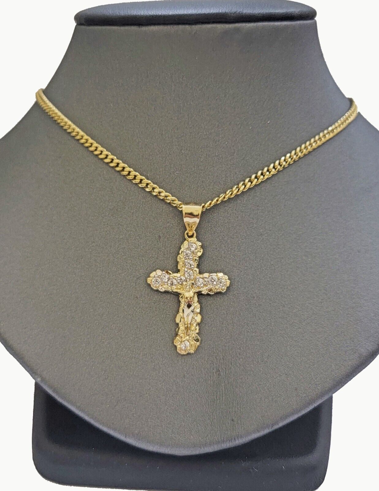 10k Yellow Gold Cross Charm pendant & Miami cuban Link Chain Necklace 2.5mm 18" - GoldenlinQ