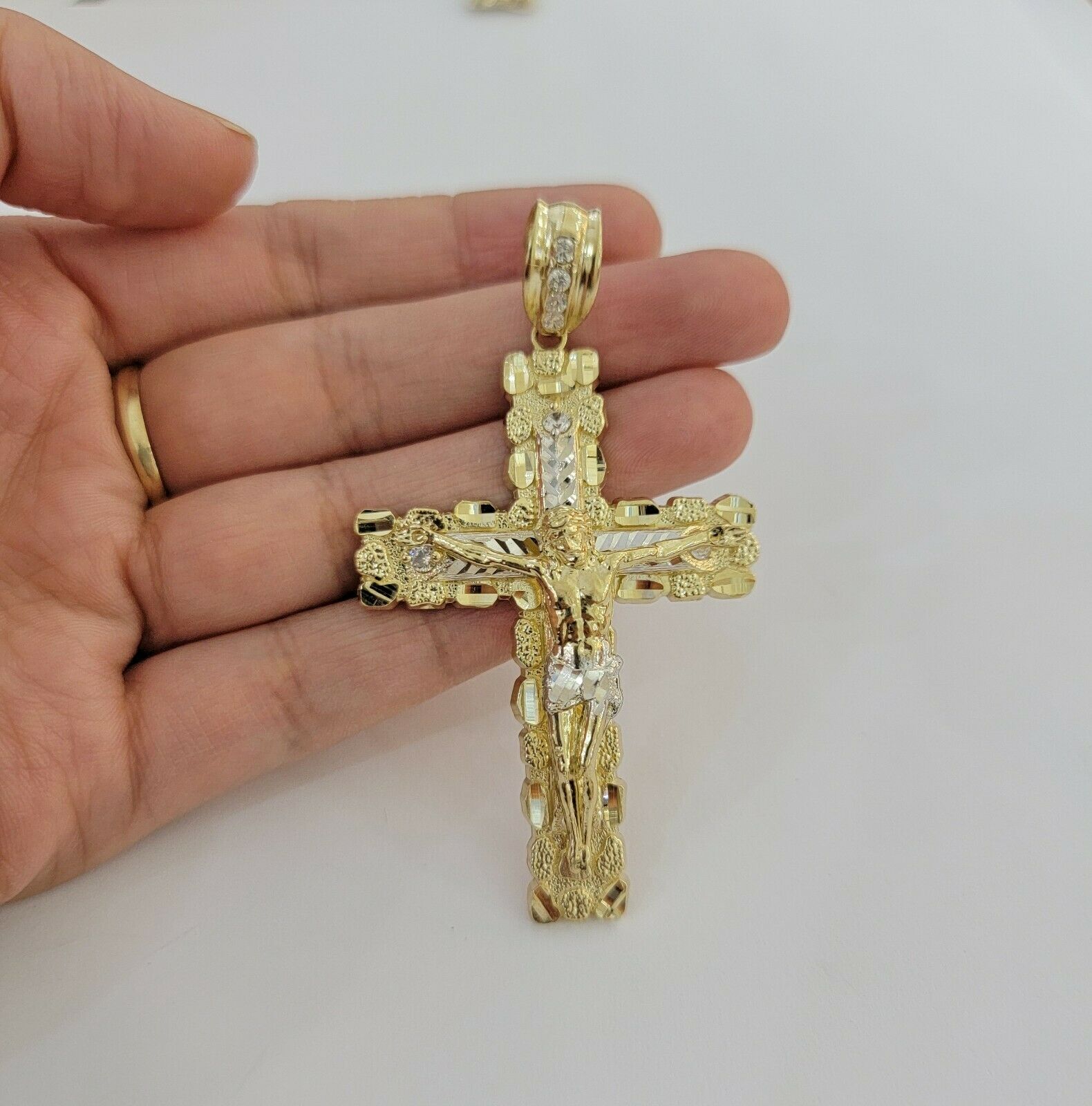 10k yellow Gold cross Pendant charm Jesus crucifix 4" 3" 2" 1.5" Men women, REAL - GoldenlinQ
