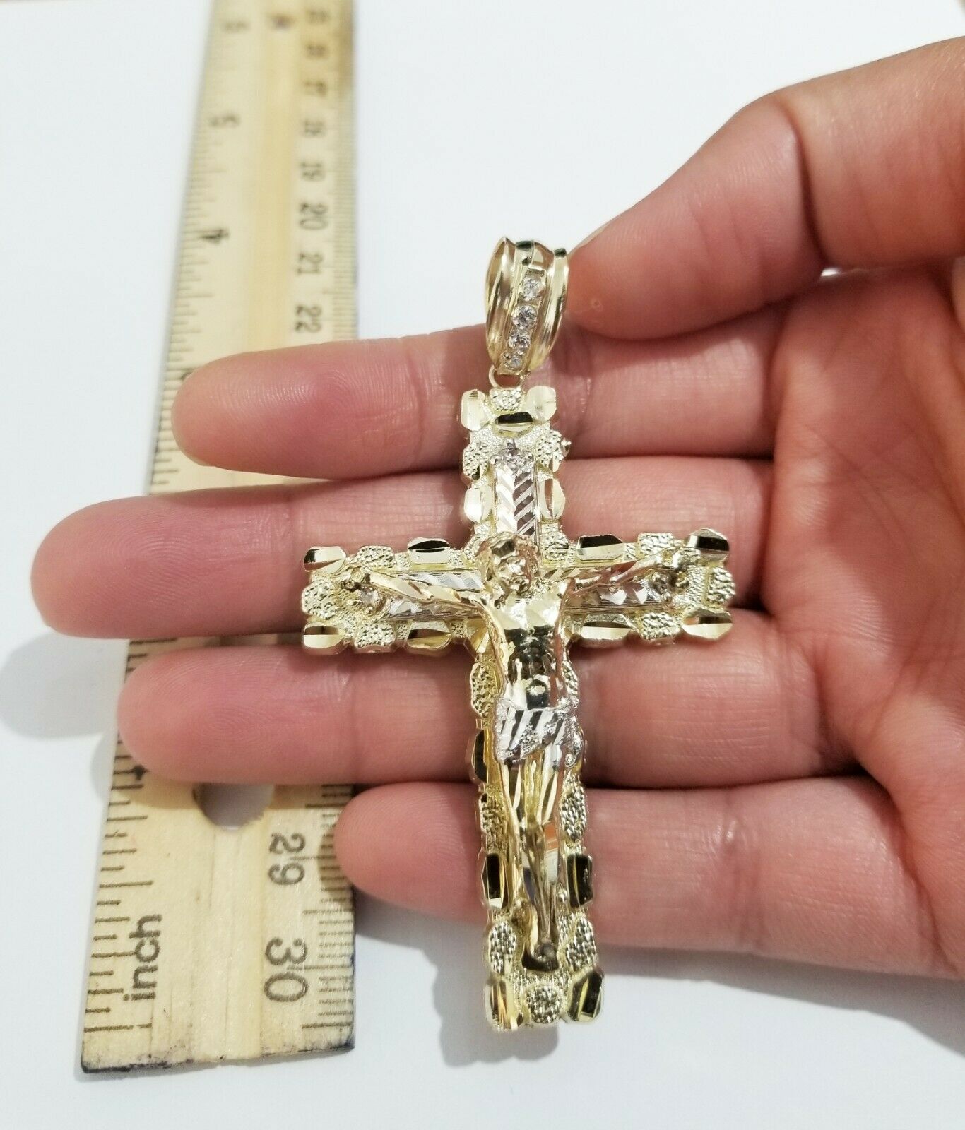 10K Yellow Gold Cross Pendant Men's Jesus Crucifix Charm 3" , fits Thick Chain - GoldenlinQ