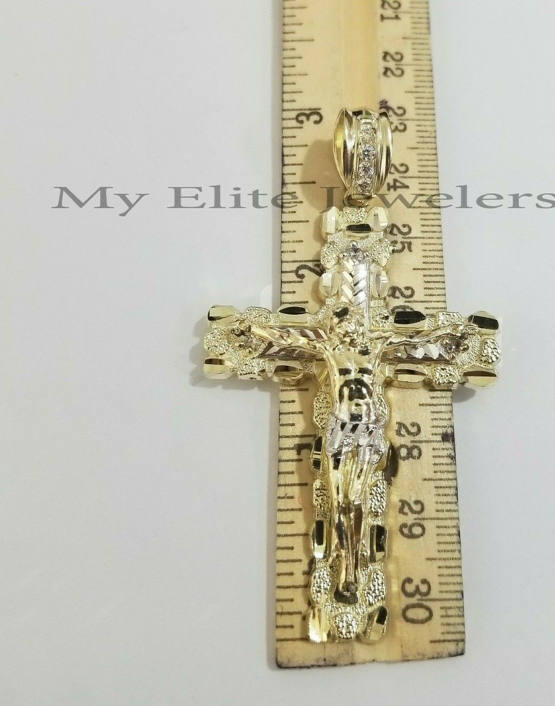 10K Yellow Gold Cross Pendant Men's Jesus Crucifix Charm 3" , fits Thick Chain - GoldenlinQ