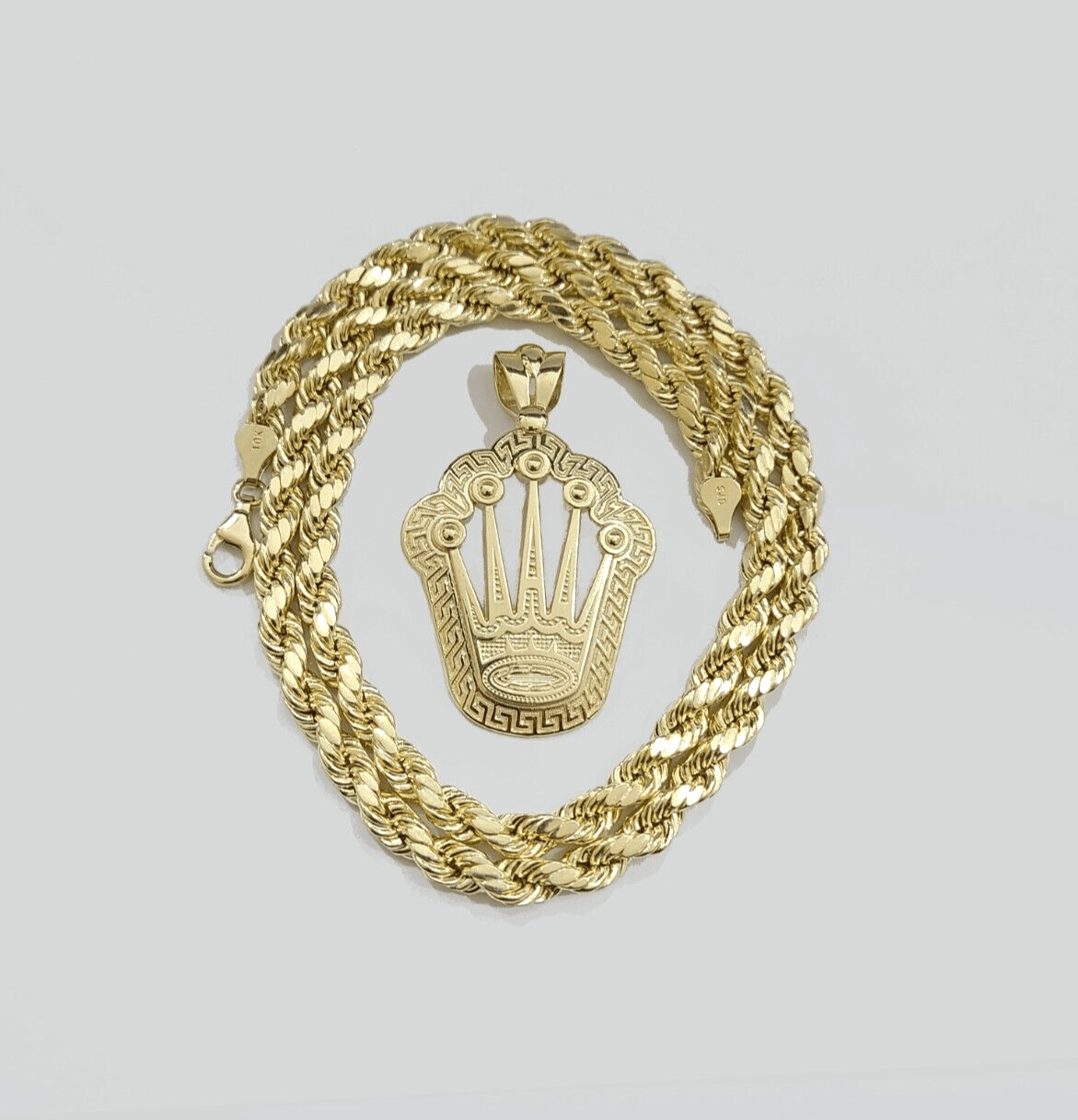 10k Yellow Gold Crown Charm Rope Chain 7mm 26'' Necklace Pendant 10kt Real SALE - GoldenlinQ