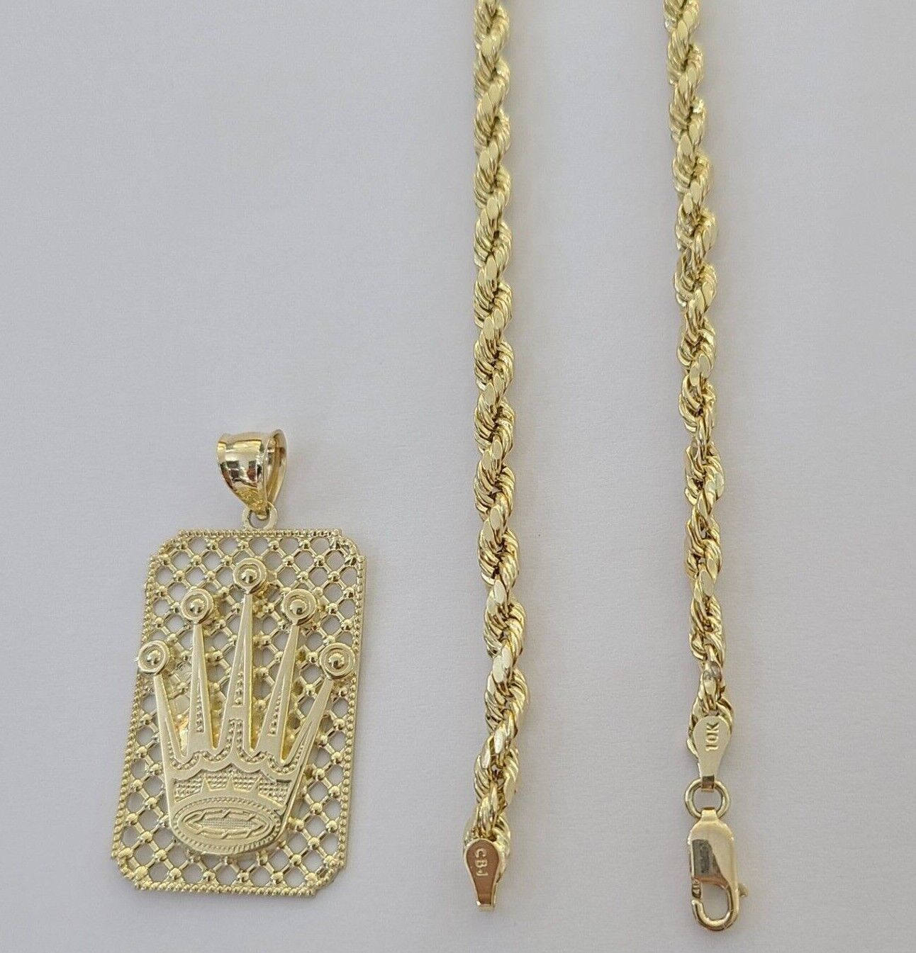 10K Yellow Gold Crown Pendent 4mm Rope Chain 18" 20" 22"24"26" Inch - GoldenlinQ