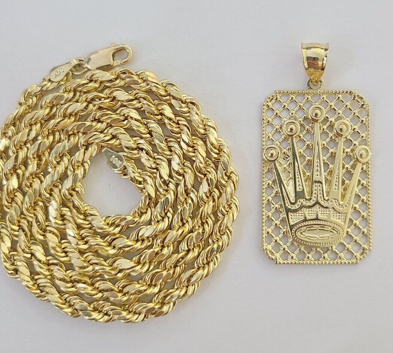 10K Yellow Gold Crown Pendent 4mm Rope Chain 18" 20" 22"24"26" Inch - GoldenlinQ