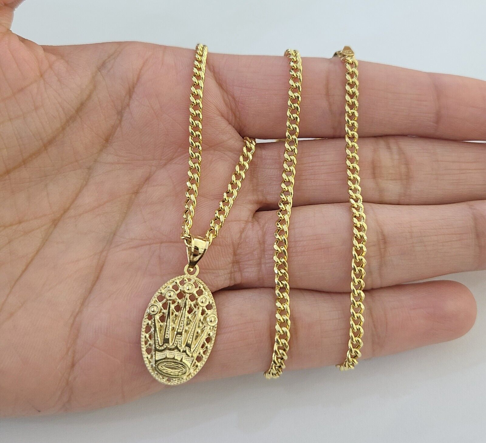 10K Yellow Gold Crown Pendent Charm 3mm Miami Cubn Chain 18" 20" 22" 24" 26"Inch - GoldenlinQ