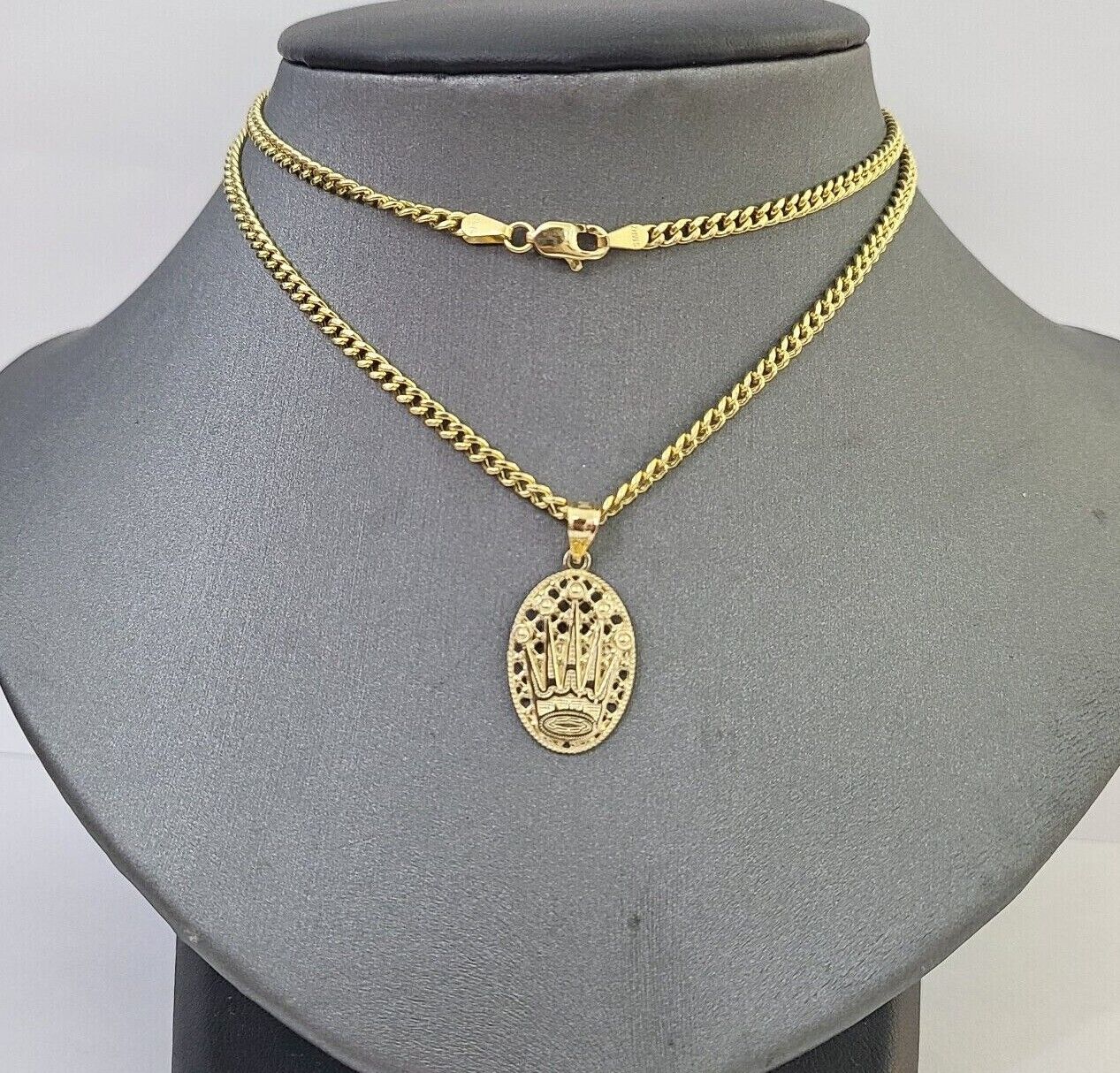 10K Yellow Gold Crown Pendent Charm 3mm Miami Cubn Chain 18" 20" 22" 24" 26"Inch - GoldenlinQ