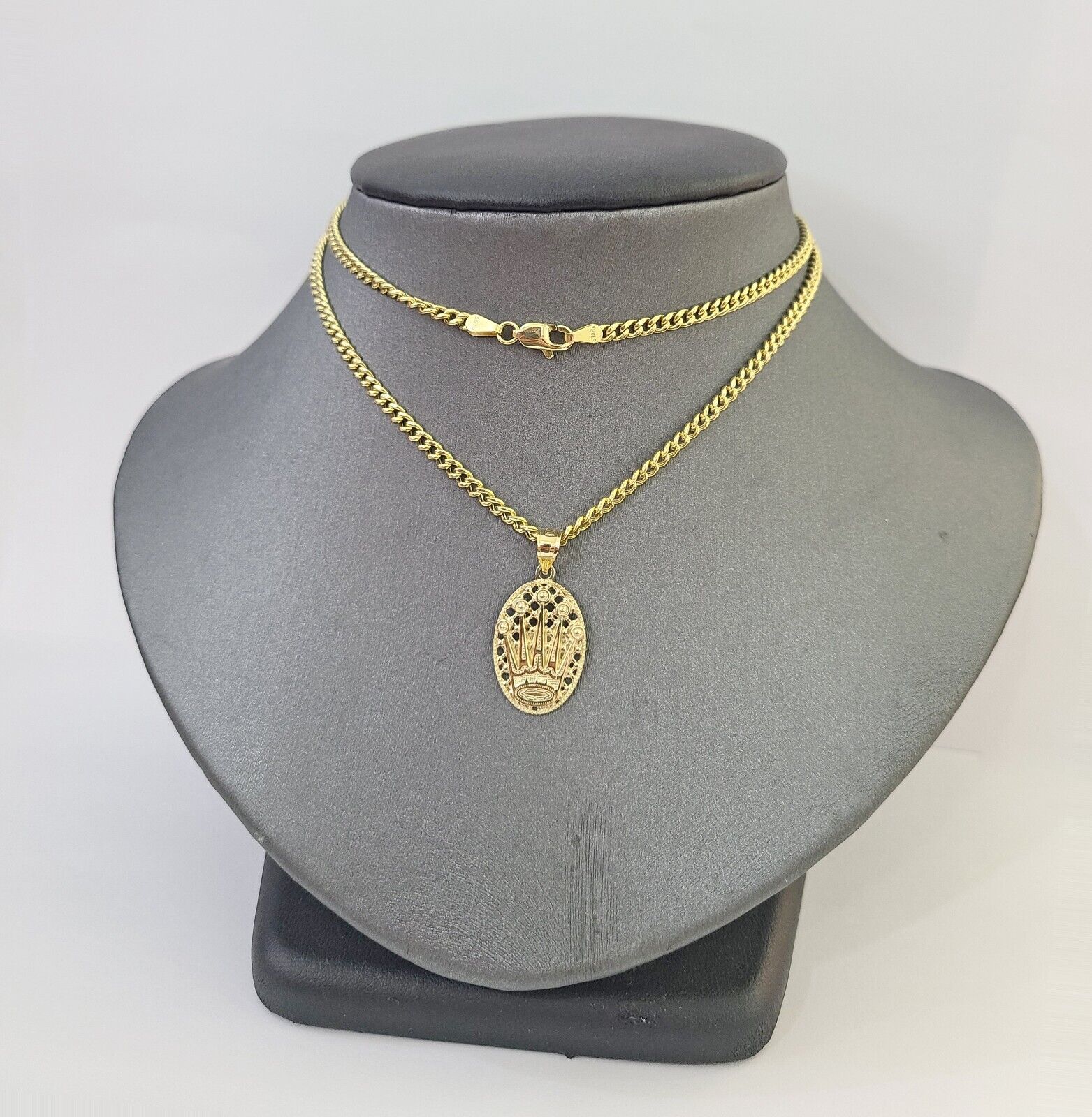 10K Yellow Gold Crown Pendent Charm 3mm Miami Cubn Chain 18" 20" 22" 24" 26"Inch - GoldenlinQ