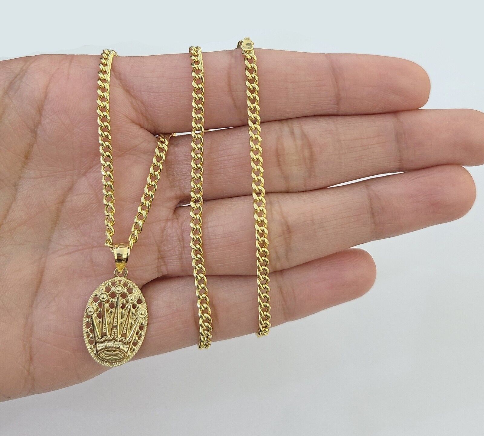10K Yellow Gold Crown Pendent Charm 3mm Miami Cubn Chain 18" 20" 22" 24" 26"Inch - GoldenlinQ