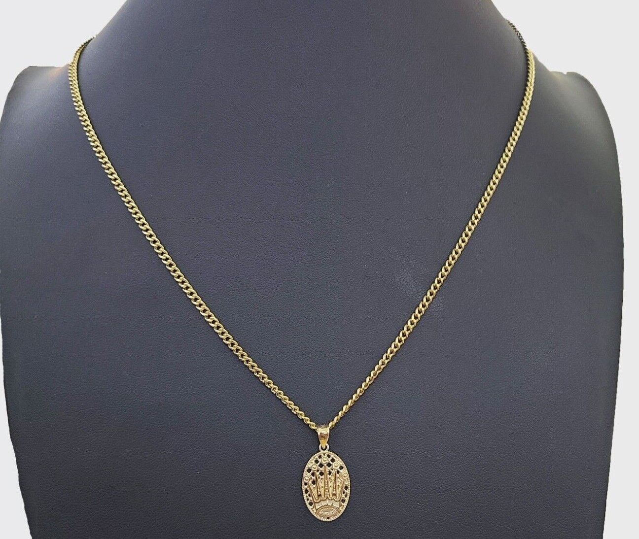 10K Yellow Gold Crown Pendent Charm 3mm Miami Cubn Chain 18" 20" 22" 24" 26"Inch - GoldenlinQ
