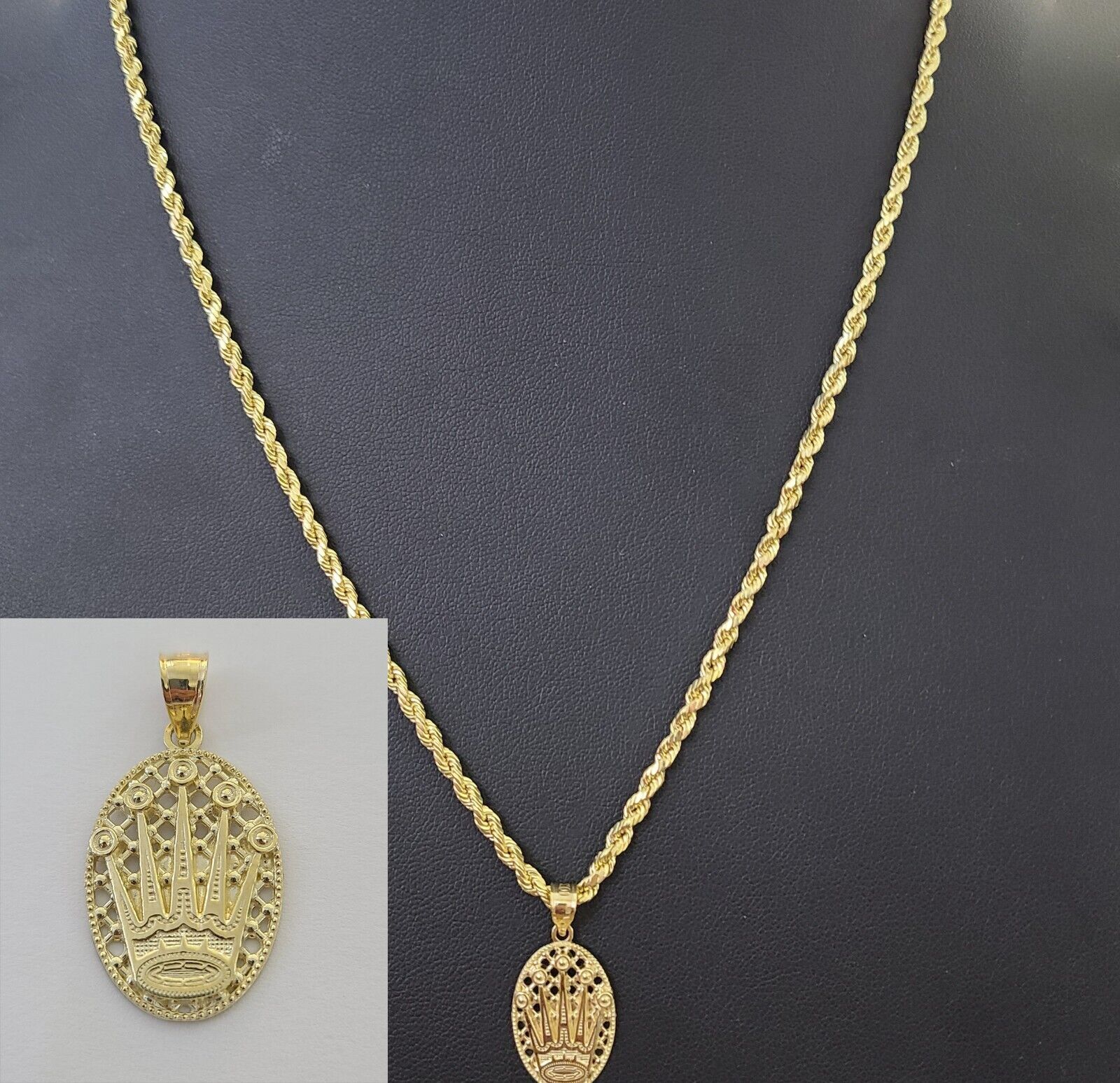 10K Yellow Gold Crown Pendent Charm 3mm Rope Chain 18" 20" 22" 24" 26" Inch - GoldenlinQ
