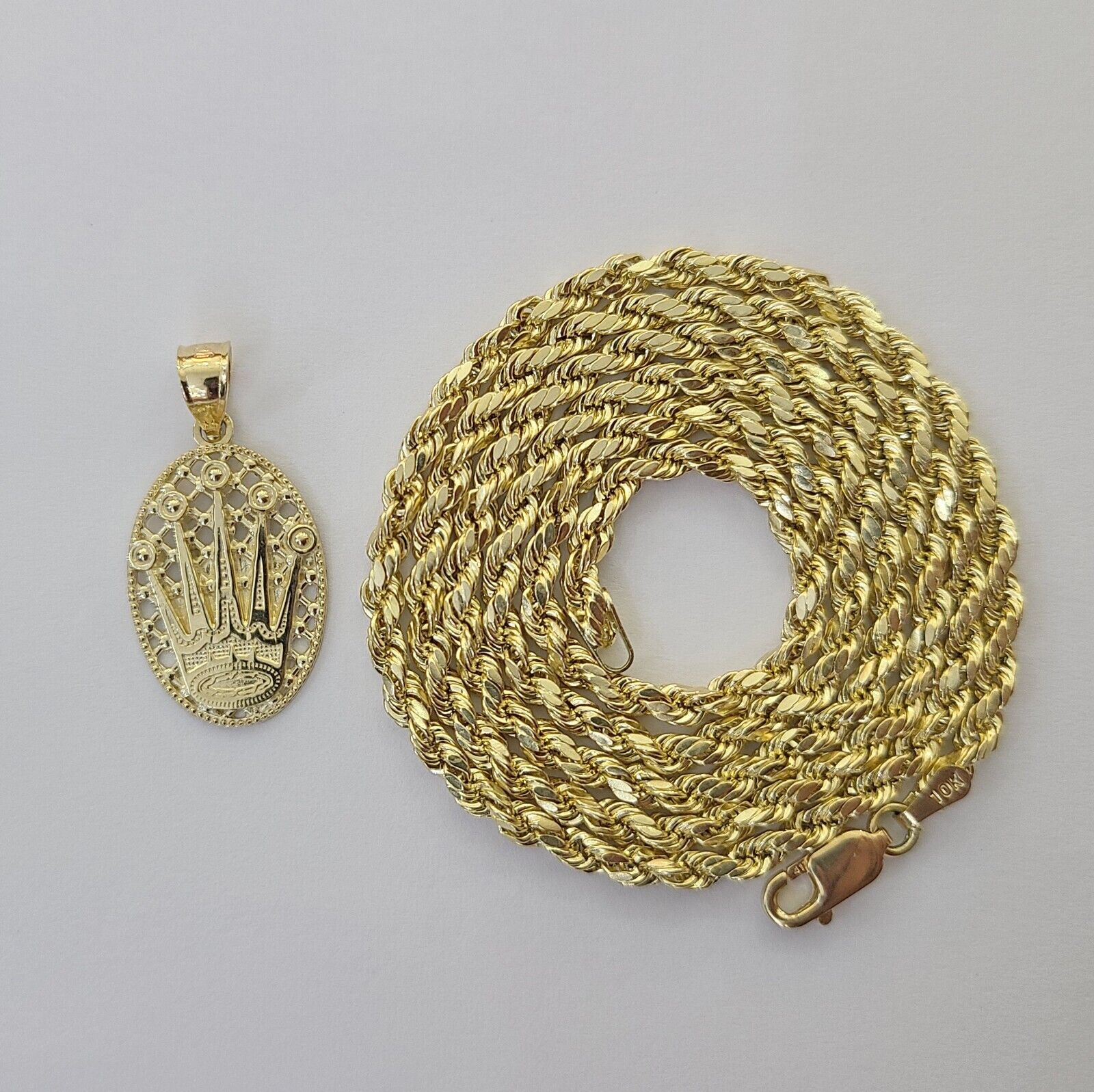 10K Yellow Gold Crown Pendent Charm 3mm Rope Chain 18" 20" 22" 24" 26" Inch - GoldenlinQ