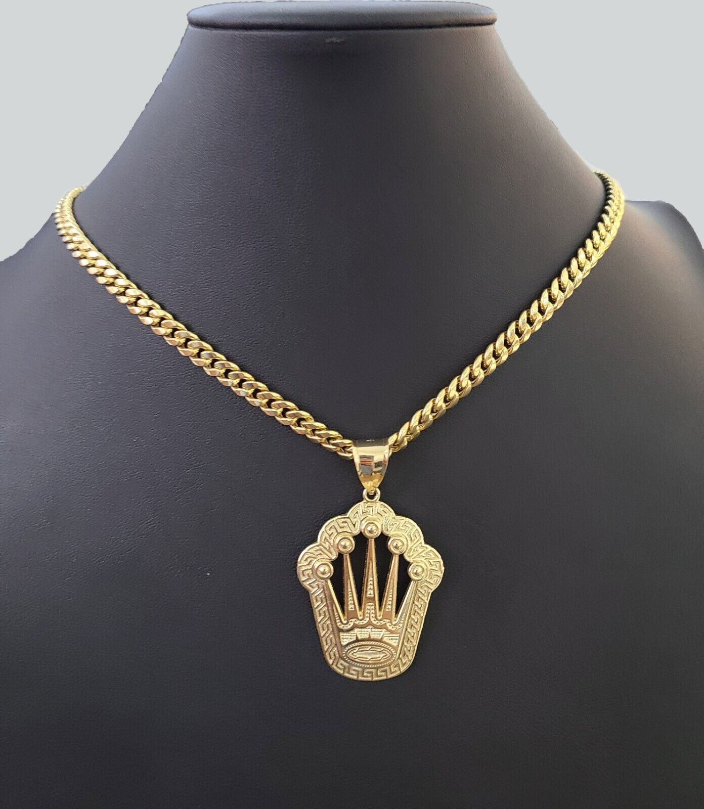 10K Yellow Gold Crown Pendent Charm 6mm Miami Cuban Link Chain 18 - 30" Inch - GoldenlinQ