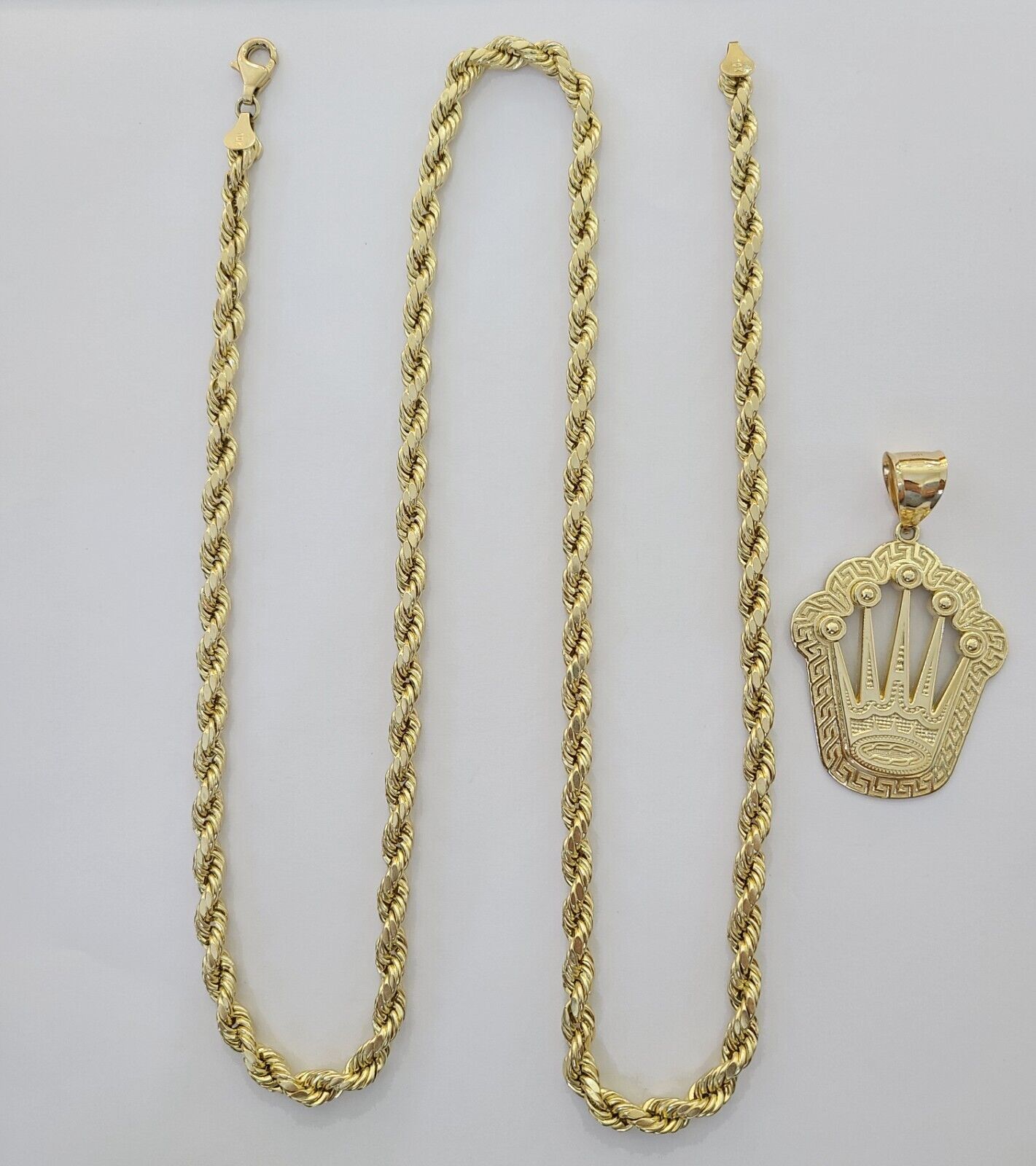 10K Yellow Gold Crown Pendent Charm 6mm Rope Chain 18" - 30" Inch Real - GoldenlinQ