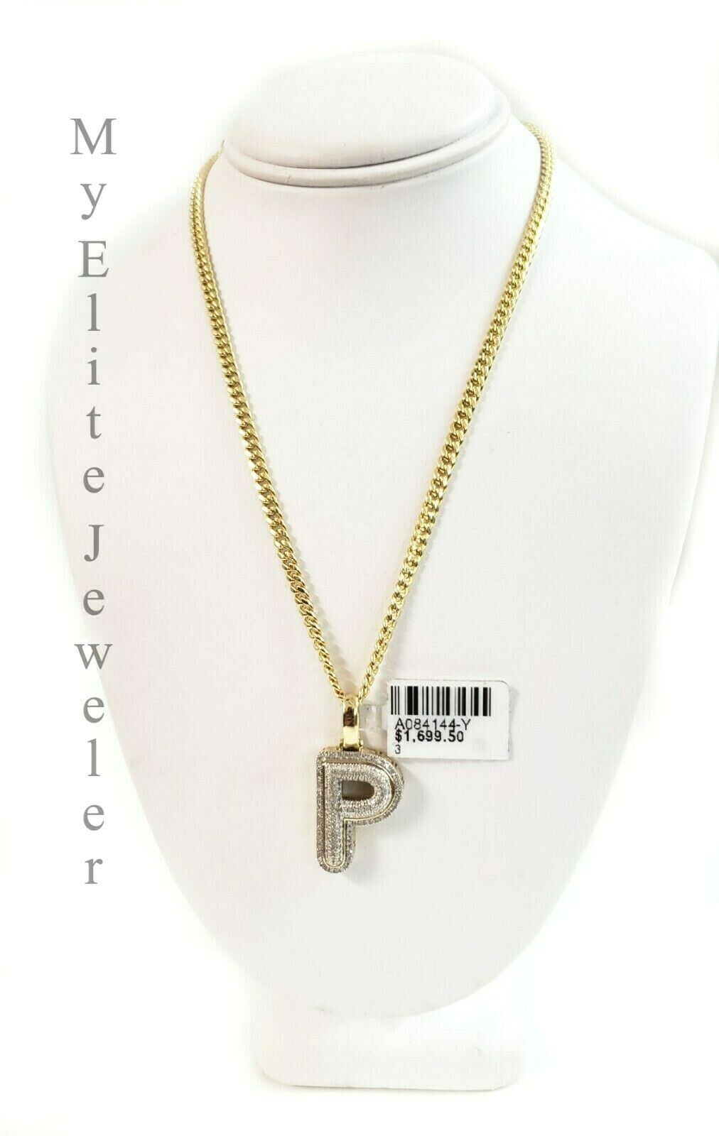 10k Yellow Gold Cuban Chain Diamond Initial P Charm Alphabet 0.29CT Diamond REAL - GoldenlinQ