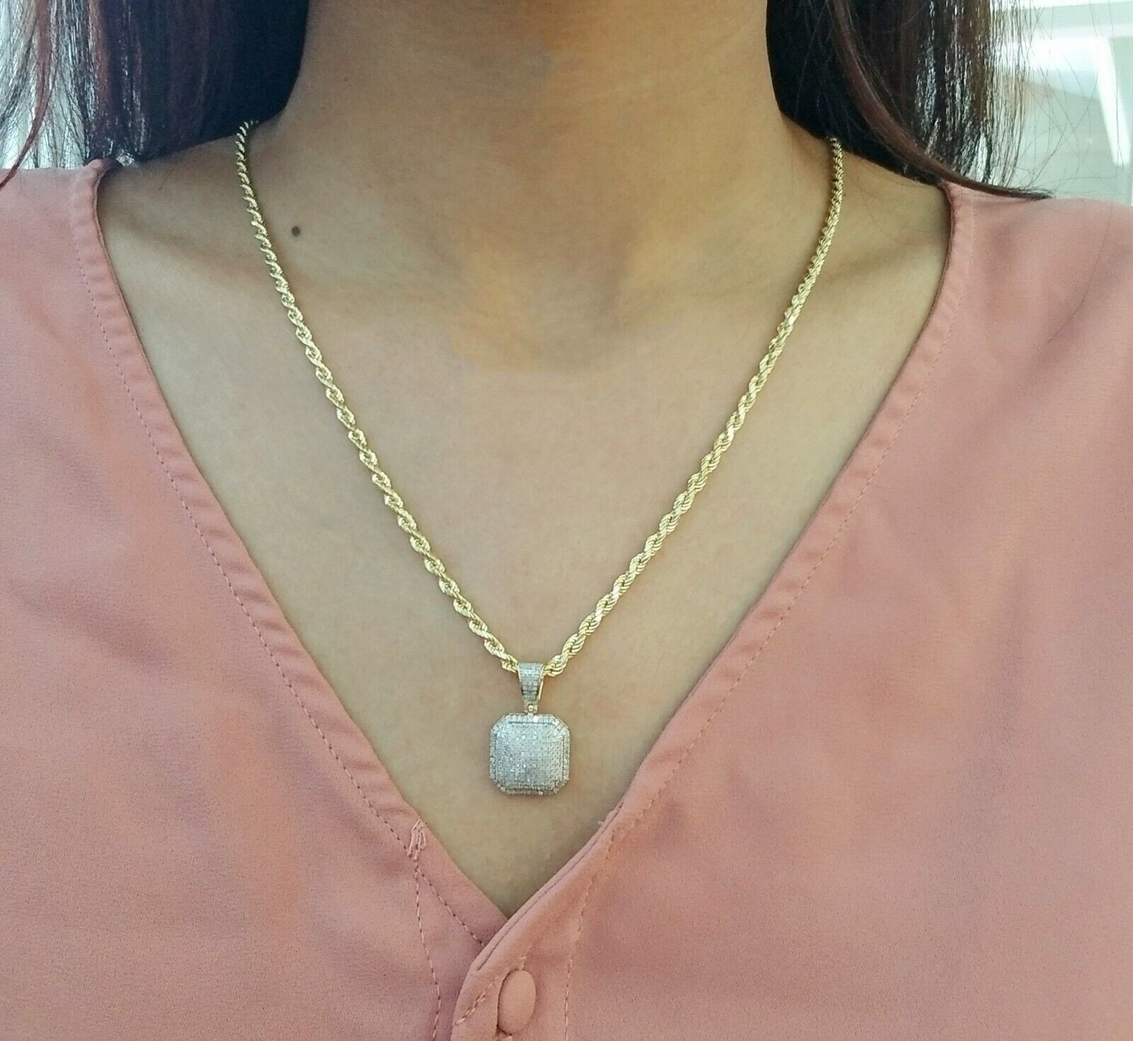 10K Yellow Gold Diamond Charm rope chain 3mm 18" SET & Pillow Pendant & Neckalce - GoldenlinQ