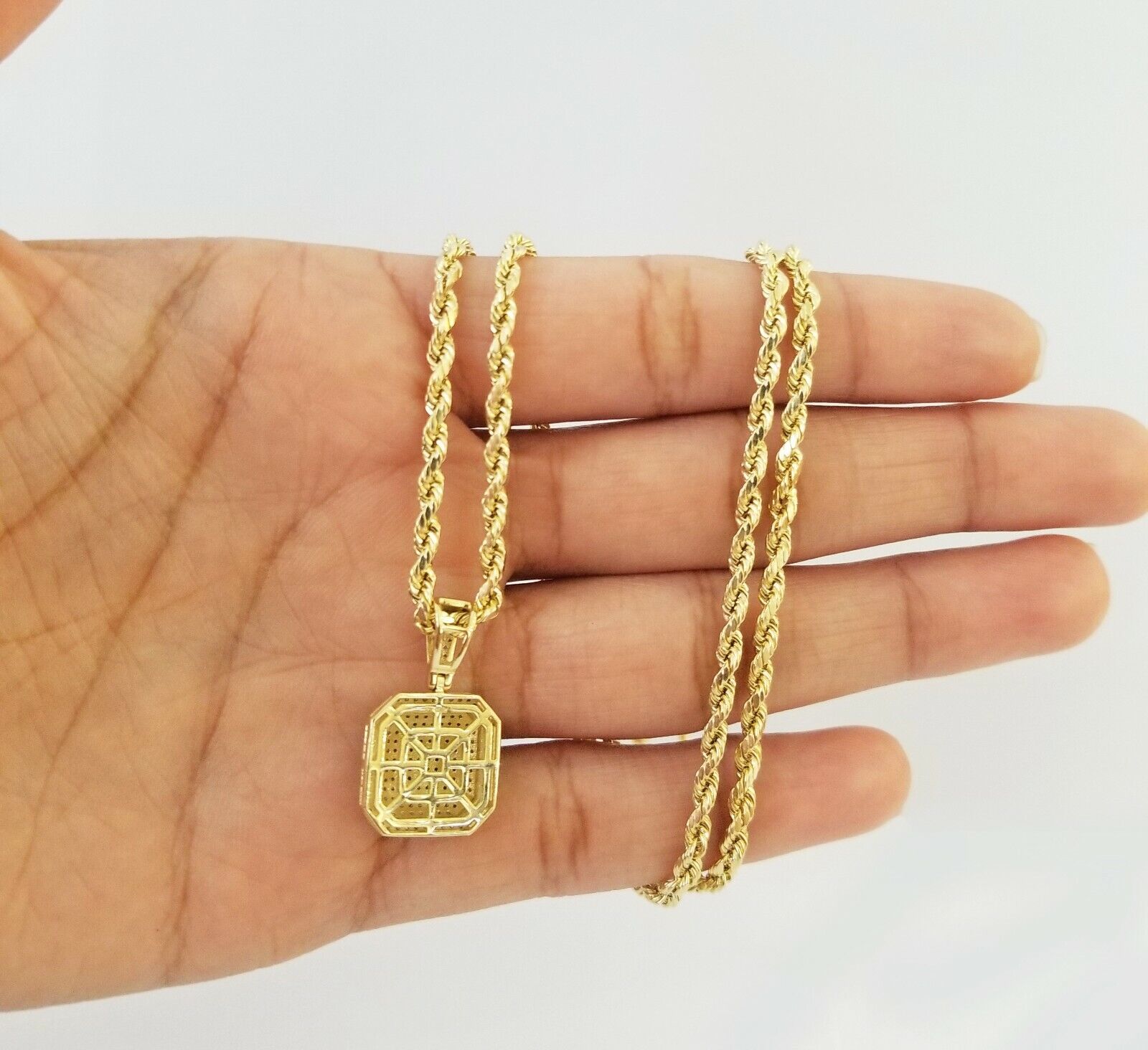 10K Yellow Gold Diamond Charm rope chain 3mm 22" SET & Pillow Pendant & Neckalce - GoldenlinQ