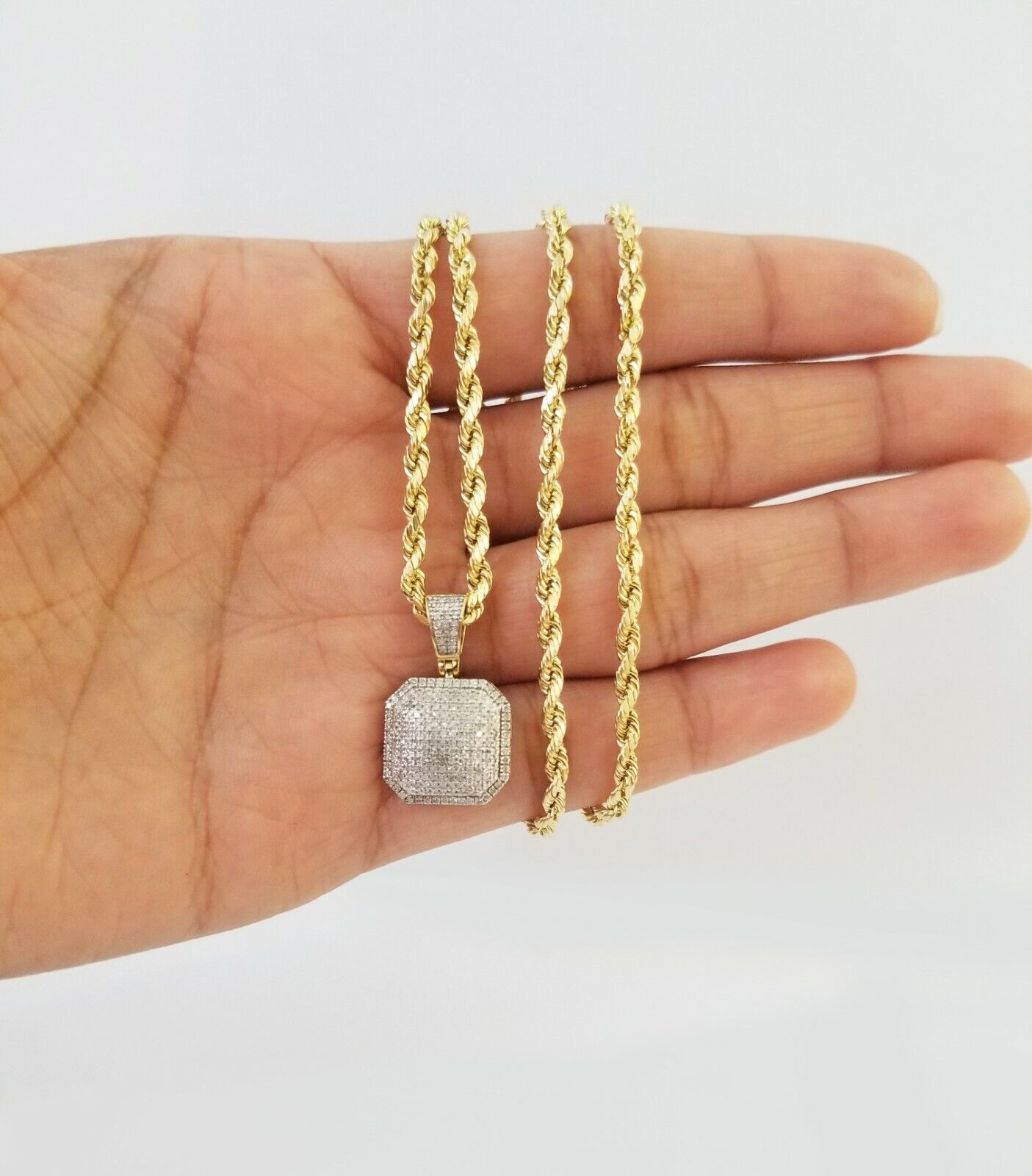 10K Yellow Gold Diamond Charm rope chain 3mm 22" SET & Pillow Pendant & Neckalce - GoldenlinQ