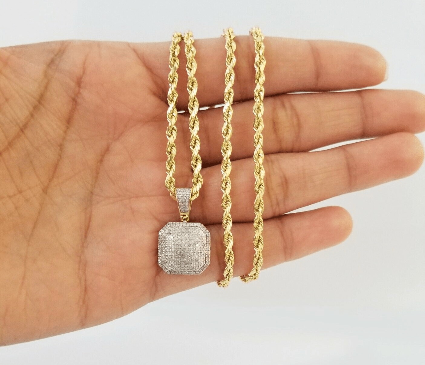 10K Yellow Gold Diamond Charm rope chain 3mm 26" SET & Pendant & Neckalce men's - GoldenlinQ