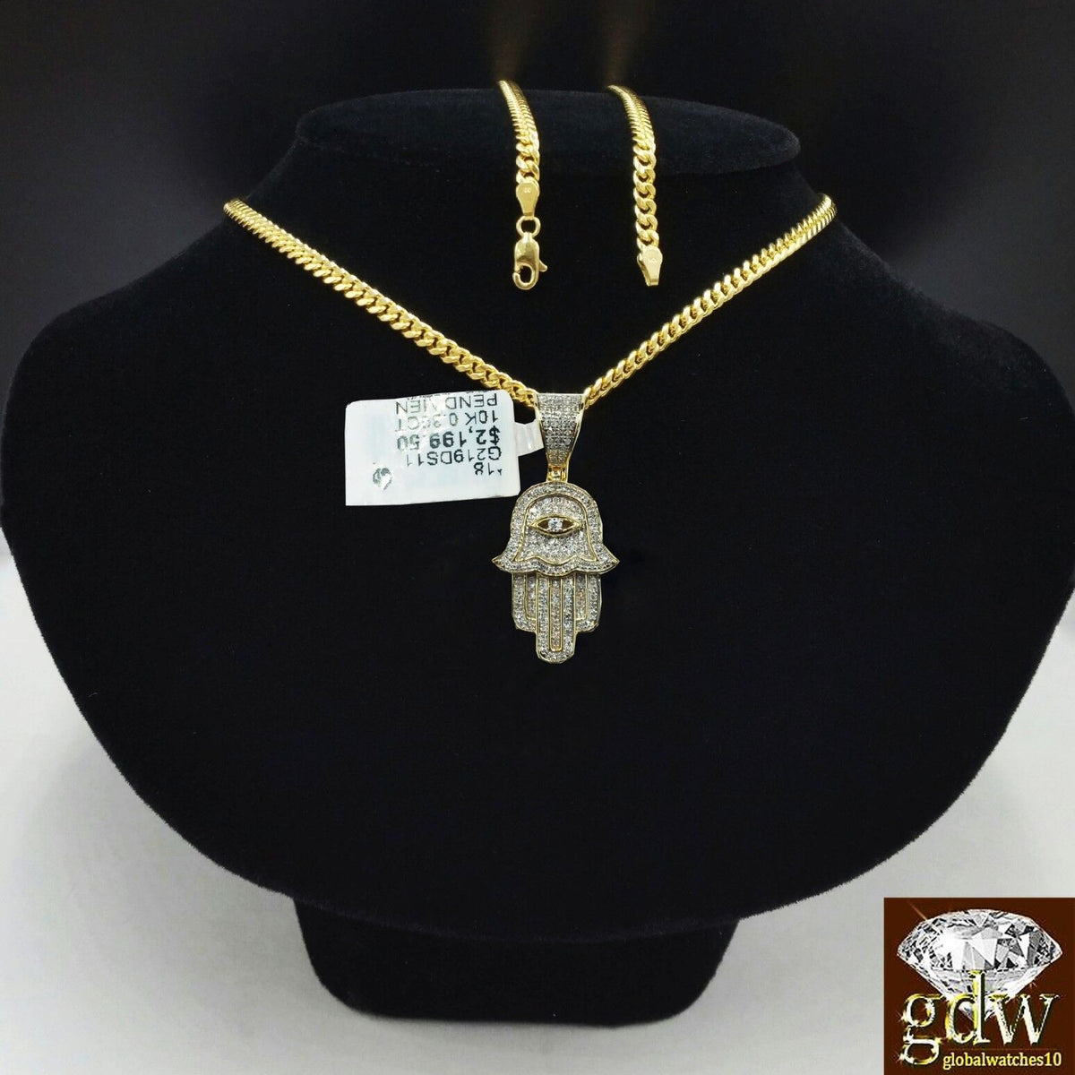 10k Yellow Gold Natural Diamond Hamsa Hand Pendant 20