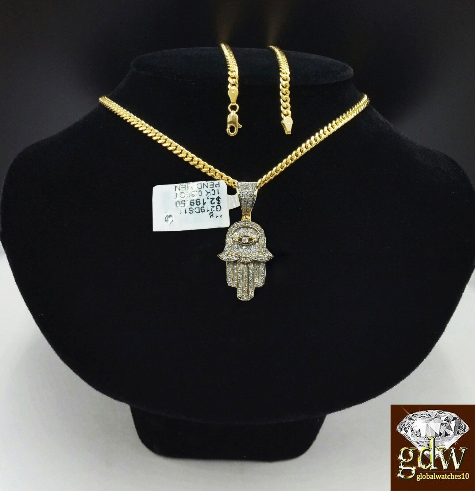 10k Yellow Gold Diamond Hamsa Hand Charm 20 Inch Miami Cuban Chain Real Diamonds - GoldenlinQ