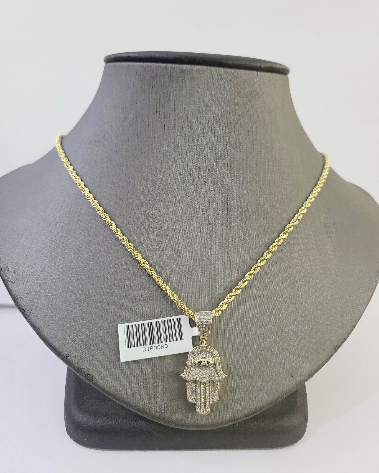 10k Yellow Gold & Diamond Hamsa Hand Charm and 18" inches Rope Chain - GoldenlinQ