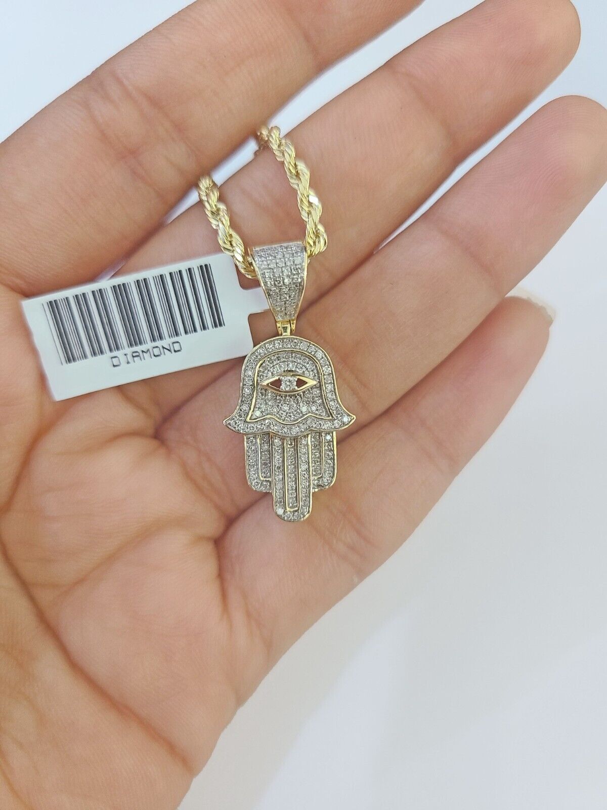 10k Yellow Gold & Diamond Hamsa Hand Charm and 22" inches Rope Chain - GoldenlinQ