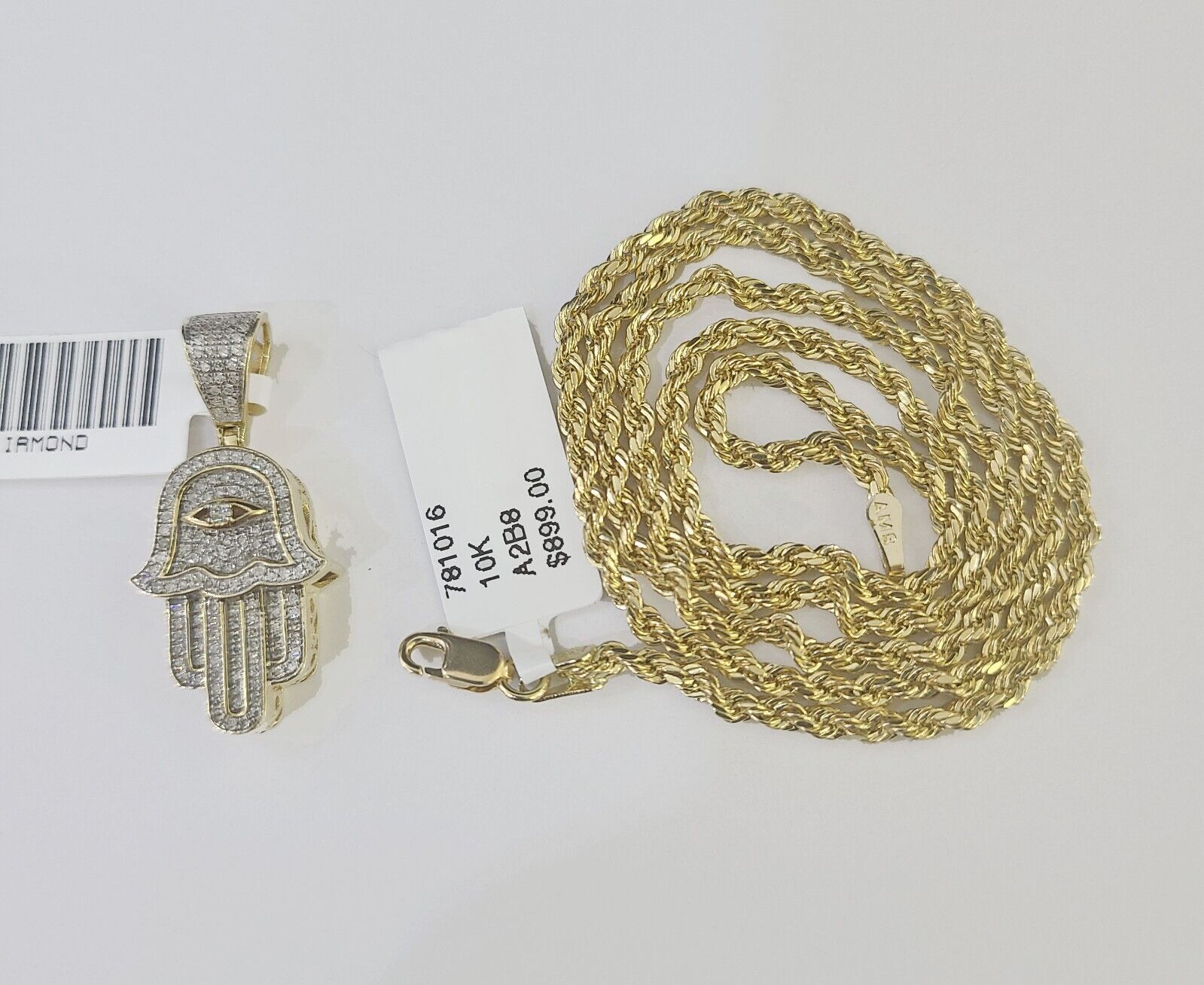 10k Yellow Gold & Diamond Hamsa Hand Charm and 24" inches Rope Chain - GoldenlinQ