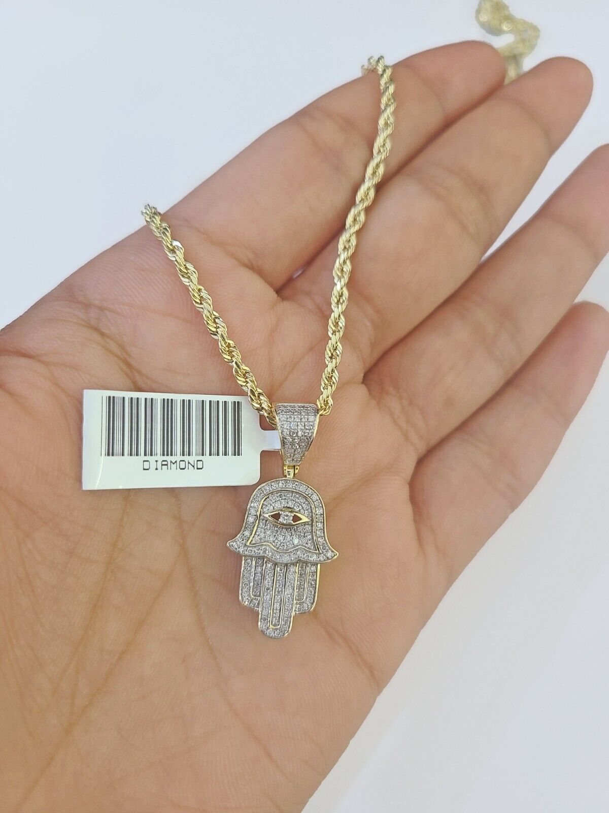 10k Yellow Gold & Diamond Hamsa Hand Charm and 26" inches Rope Chain - GoldenlinQ