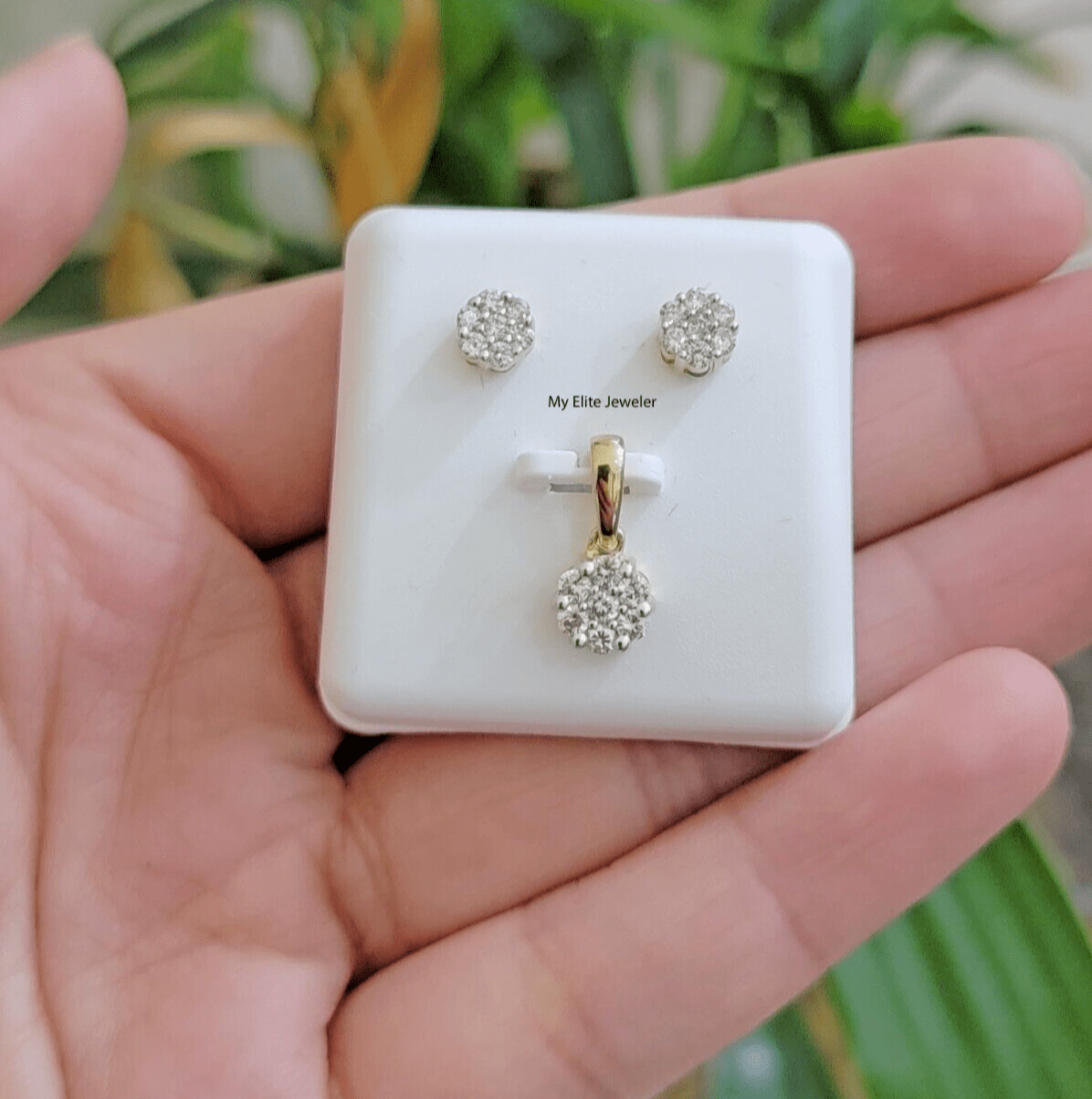 10k Yellow Gold Diamond Necklace Earring Set Ladies Charm Pendant stud Real Diam - GoldenlinQ