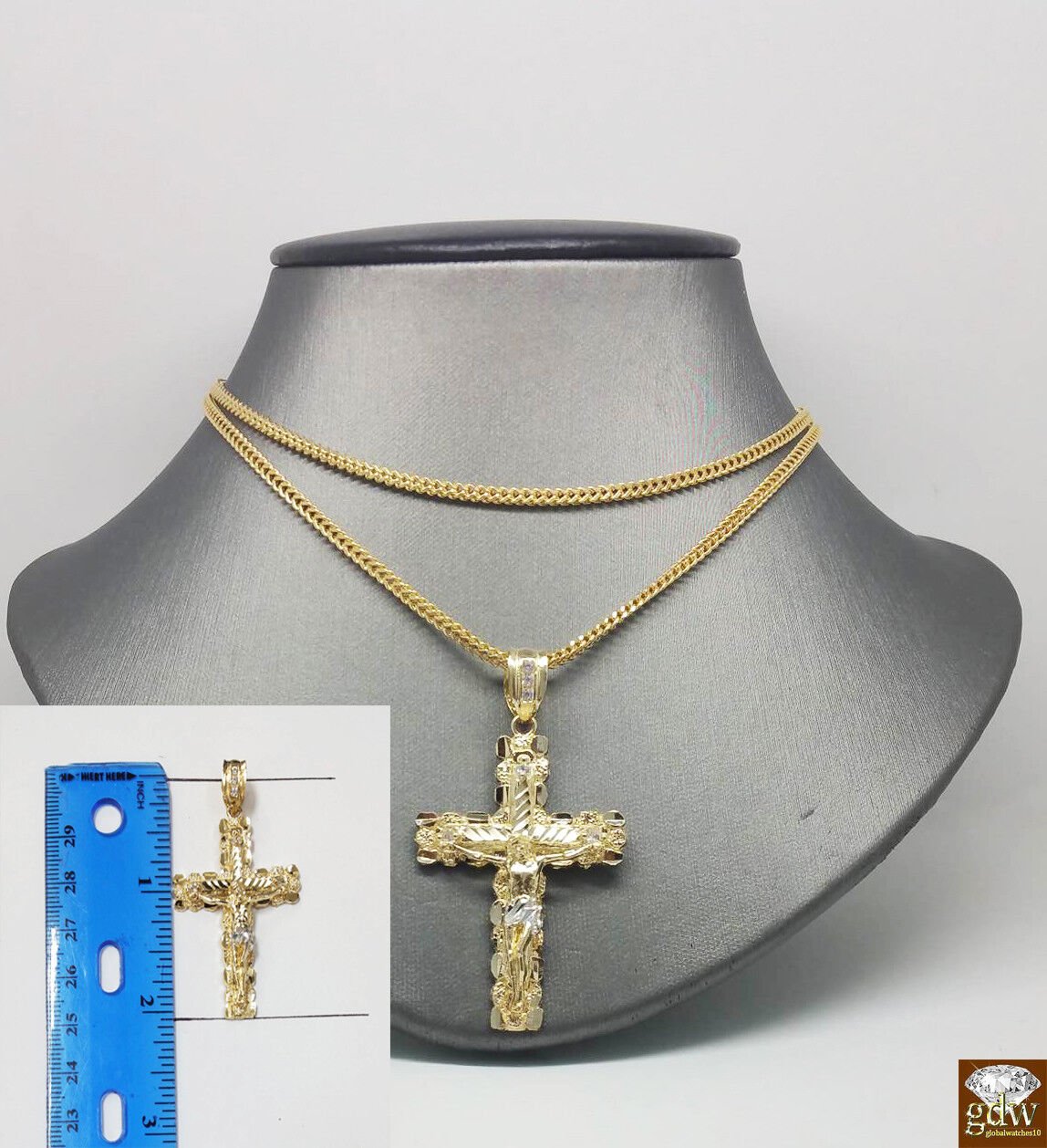 10k Yellow Gold Franco Chain Necklace Cross pendant charm 22" 24" 26" - GoldenlinQ