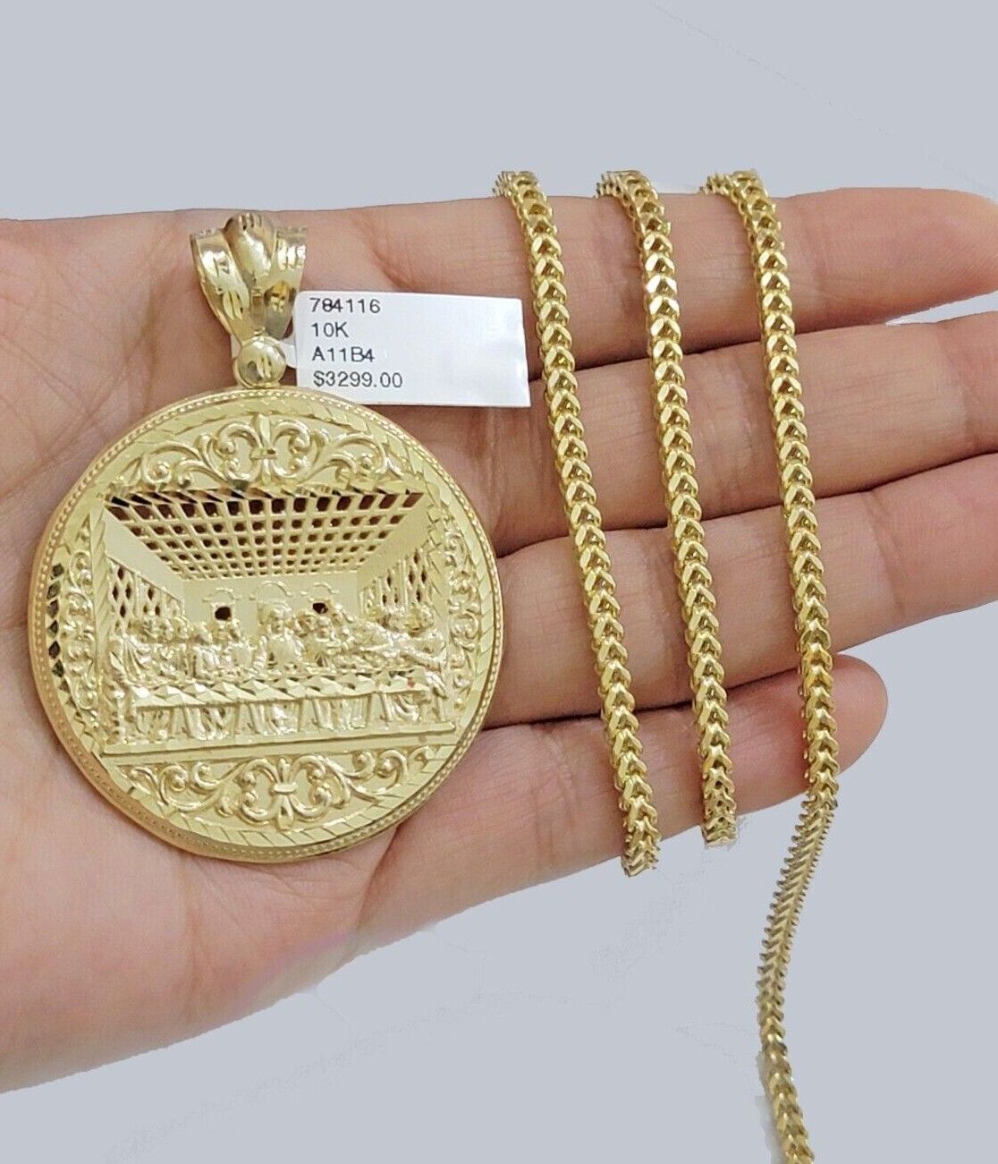 10k Yellow Gold Franco Chain Necklace Last Supper Charm Pendant 3mm 18" - 26" Inch - GoldenlinQ