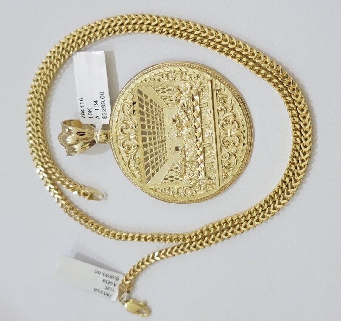 10k Yellow Gold Franco Chain Necklace Last Supper Charm Pendant 3mm 20"Inch 10kt - GoldenlinQ