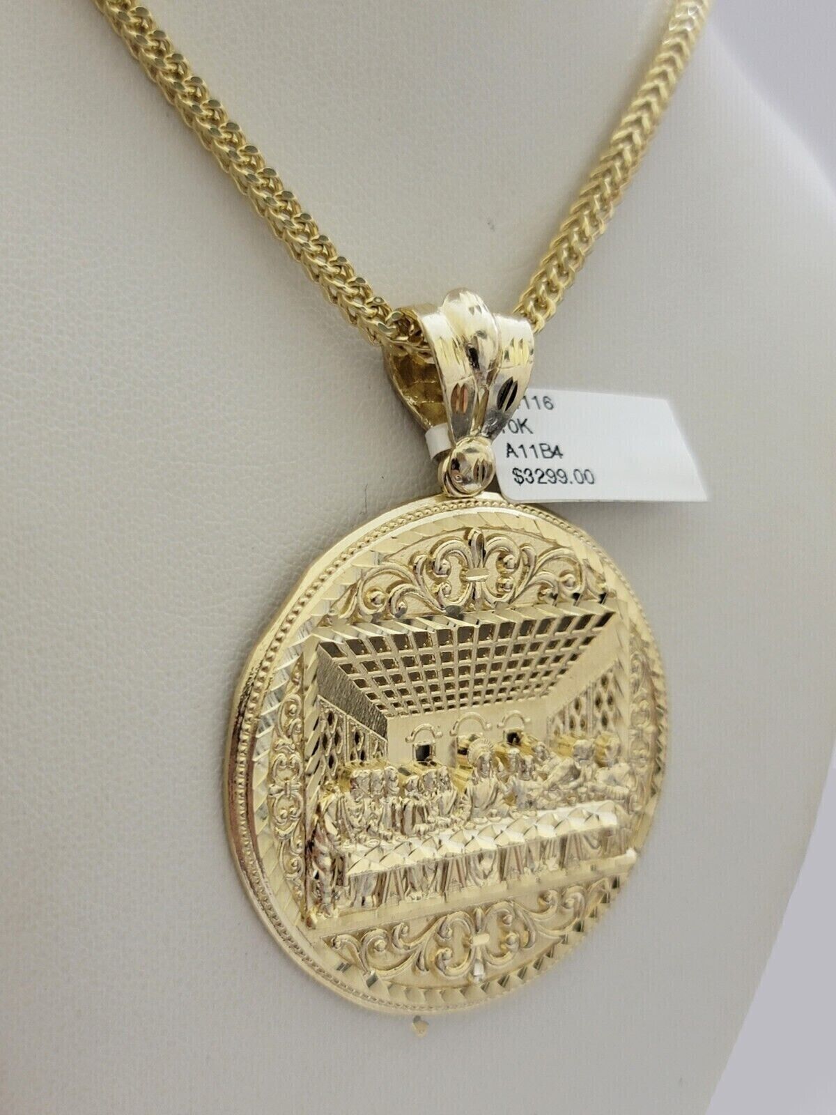 10k Yellow Gold Franco Chain Necklace Last Supper Charm Pendant 3mm 20"Inch 10kt - GoldenlinQ
