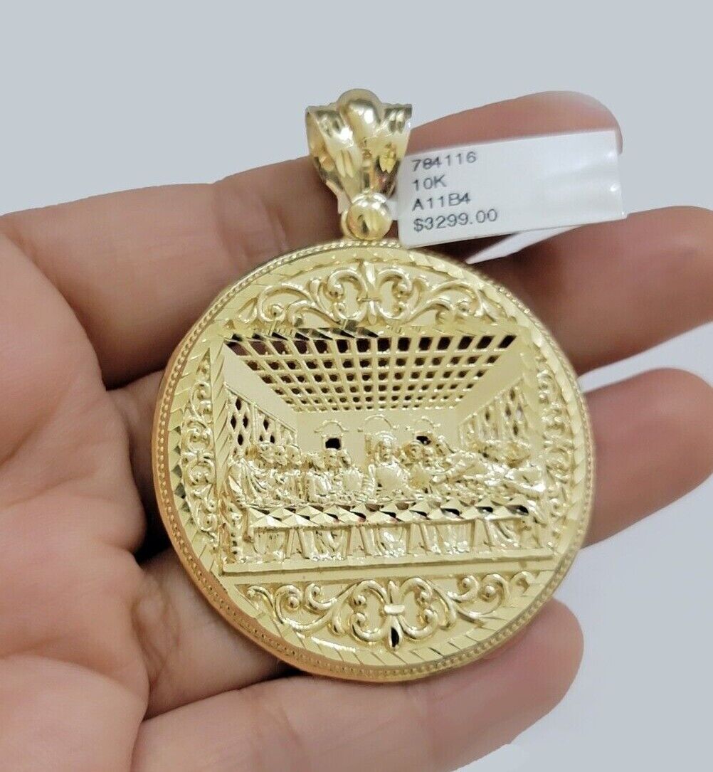 10k Yellow Gold Franco Chain Necklace Last Supper Charm Pendant 3mm 20"Inch 10kt - GoldenlinQ
