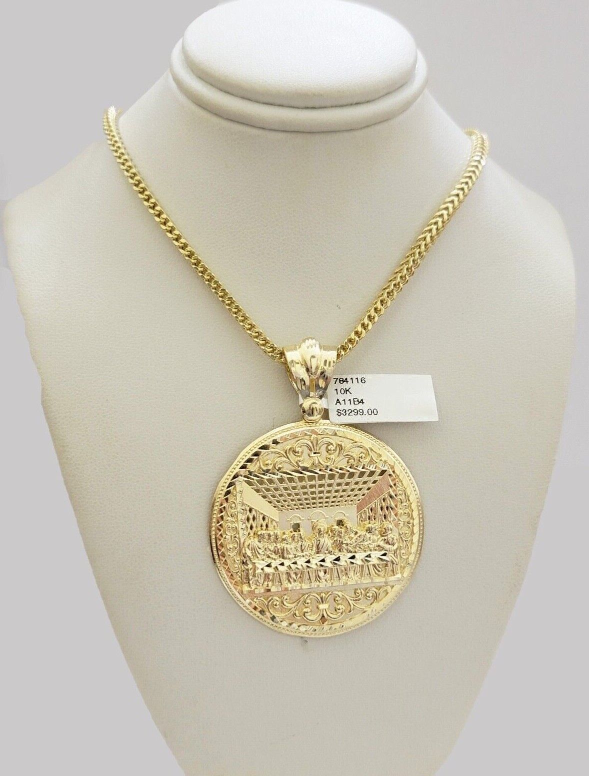 10k Yellow Gold Franco Chain Necklace Last Supper Charm Pendant 3mm 20"Inch 10kt - GoldenlinQ