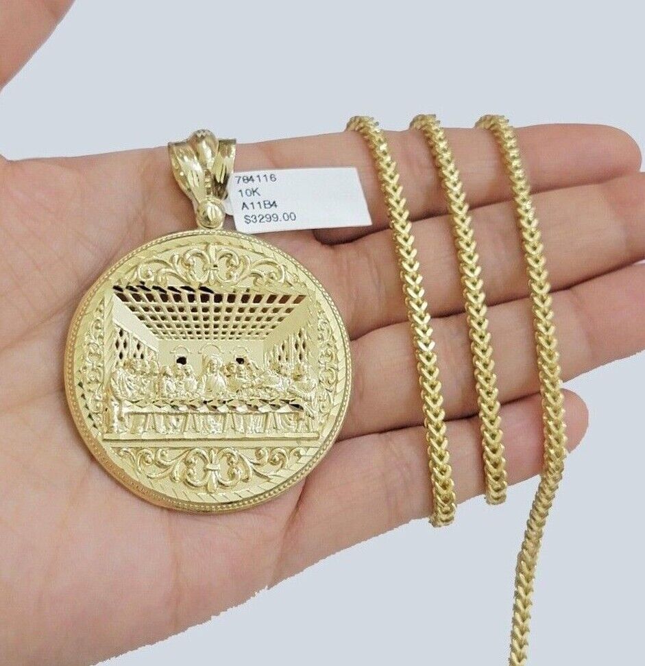10k Yellow Gold Franco Chain Necklace Last Supper Charm Pendant 3mm 20"Inch 10kt - GoldenlinQ