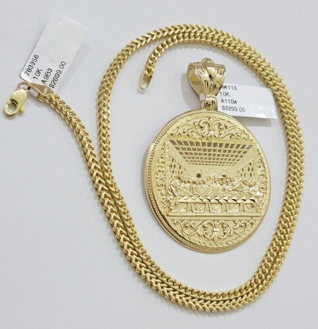 10k Yellow Gold Franco Chain Necklace Last Supper Charm Pendant 3mm 24"Inch 10kt - GoldenlinQ