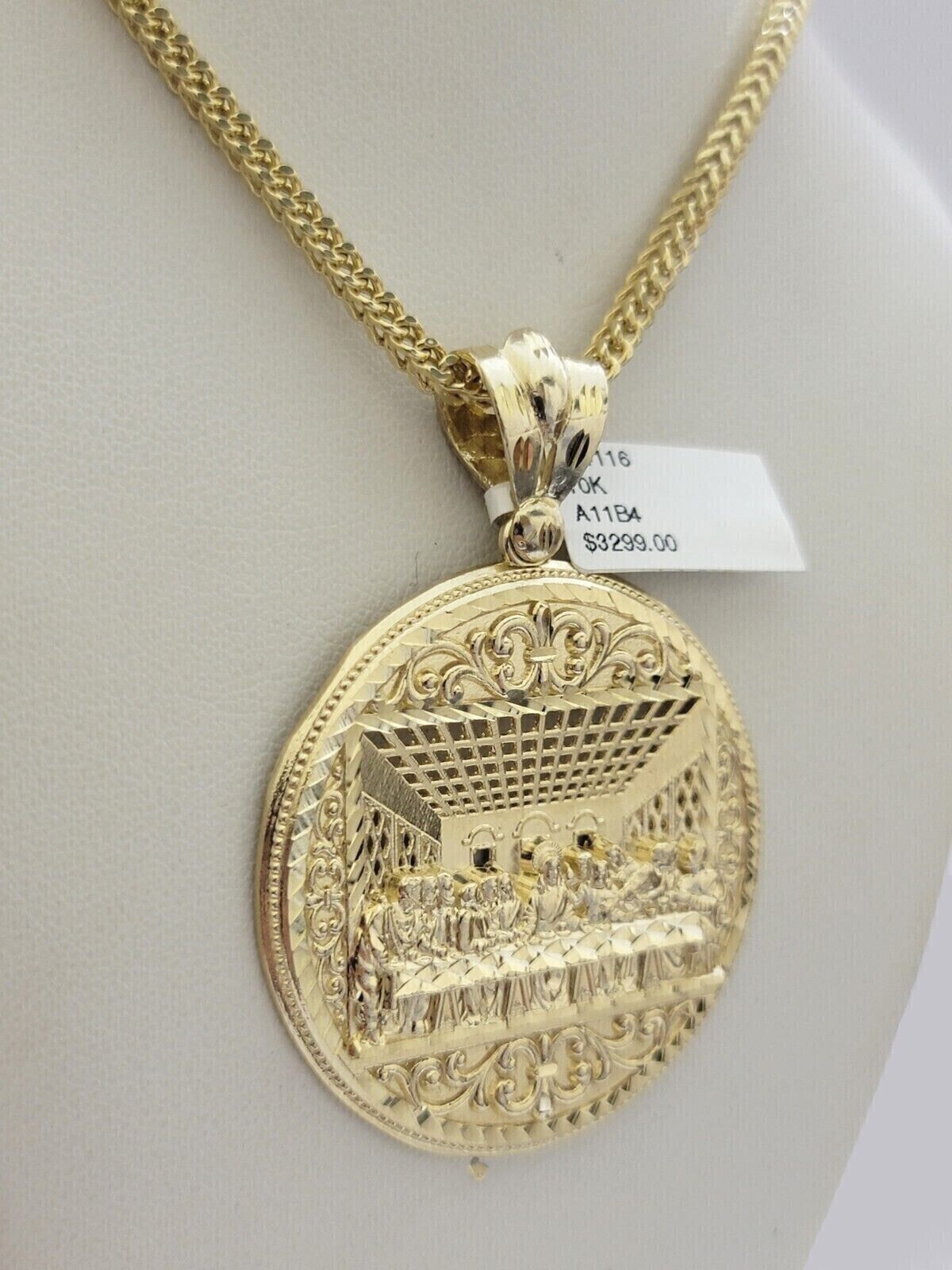 10k Yellow Gold Franco Chain Necklace Last Supper Charm Pendant 3mm 24"Inch 10kt - GoldenlinQ