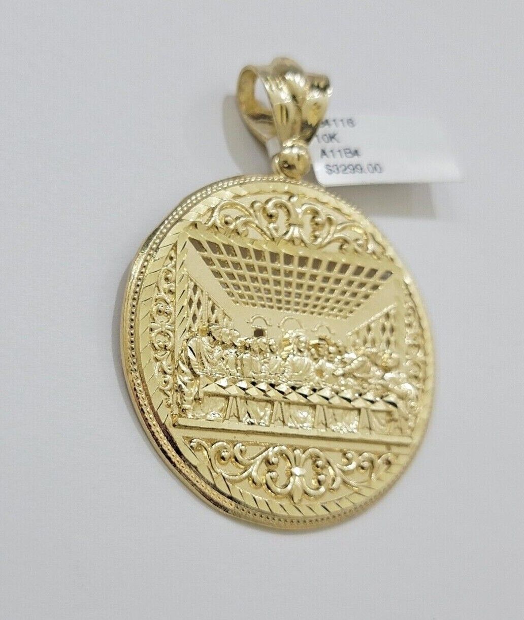 10k Yellow Gold Franco Chain Necklace Last Supper Charm Pendant 3mm 24"Inch 10kt - GoldenlinQ