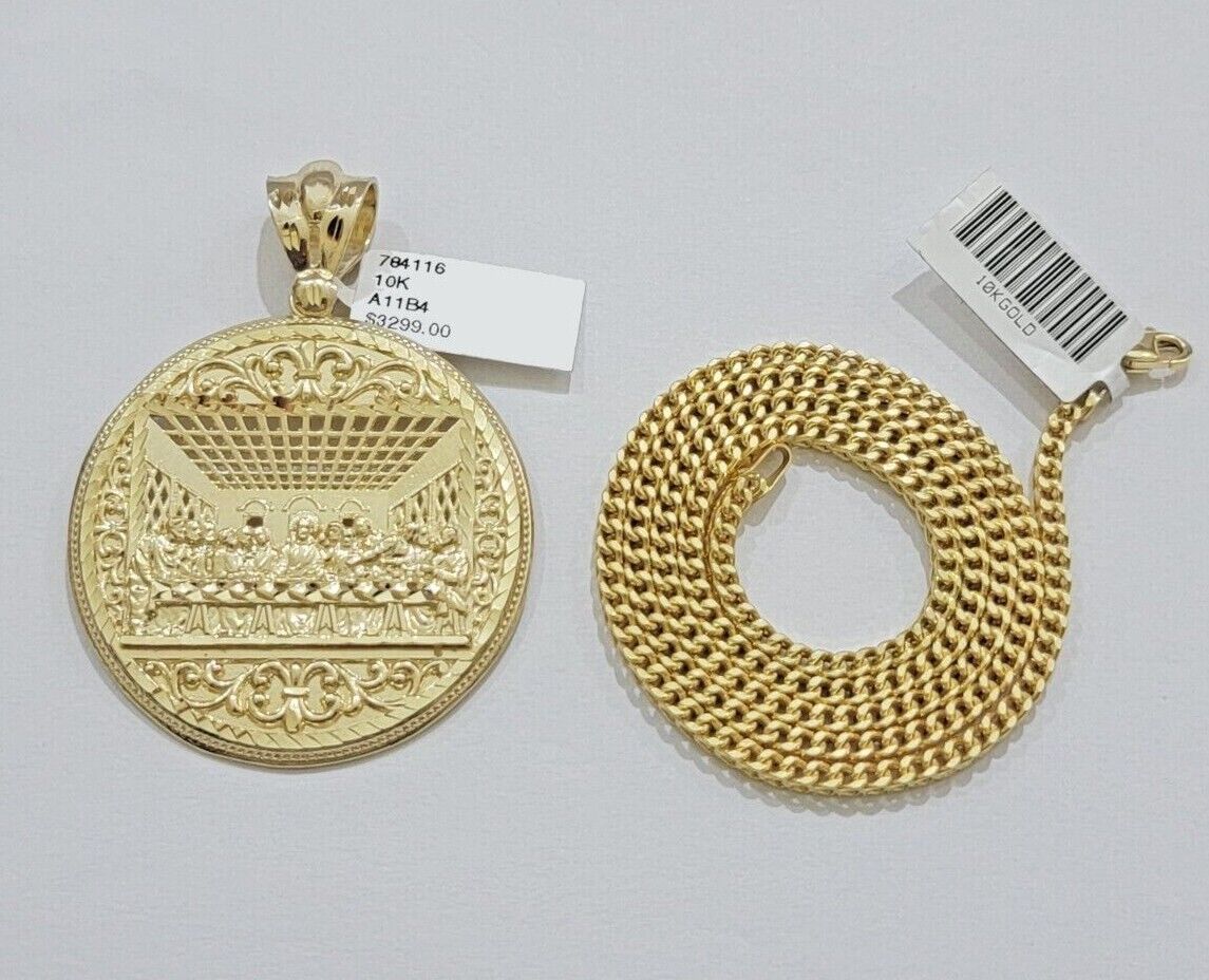 10k Yellow Gold Franco Chain Necklace Last Supper Charm Pendant 3mm 24"Inch 10kt - GoldenlinQ