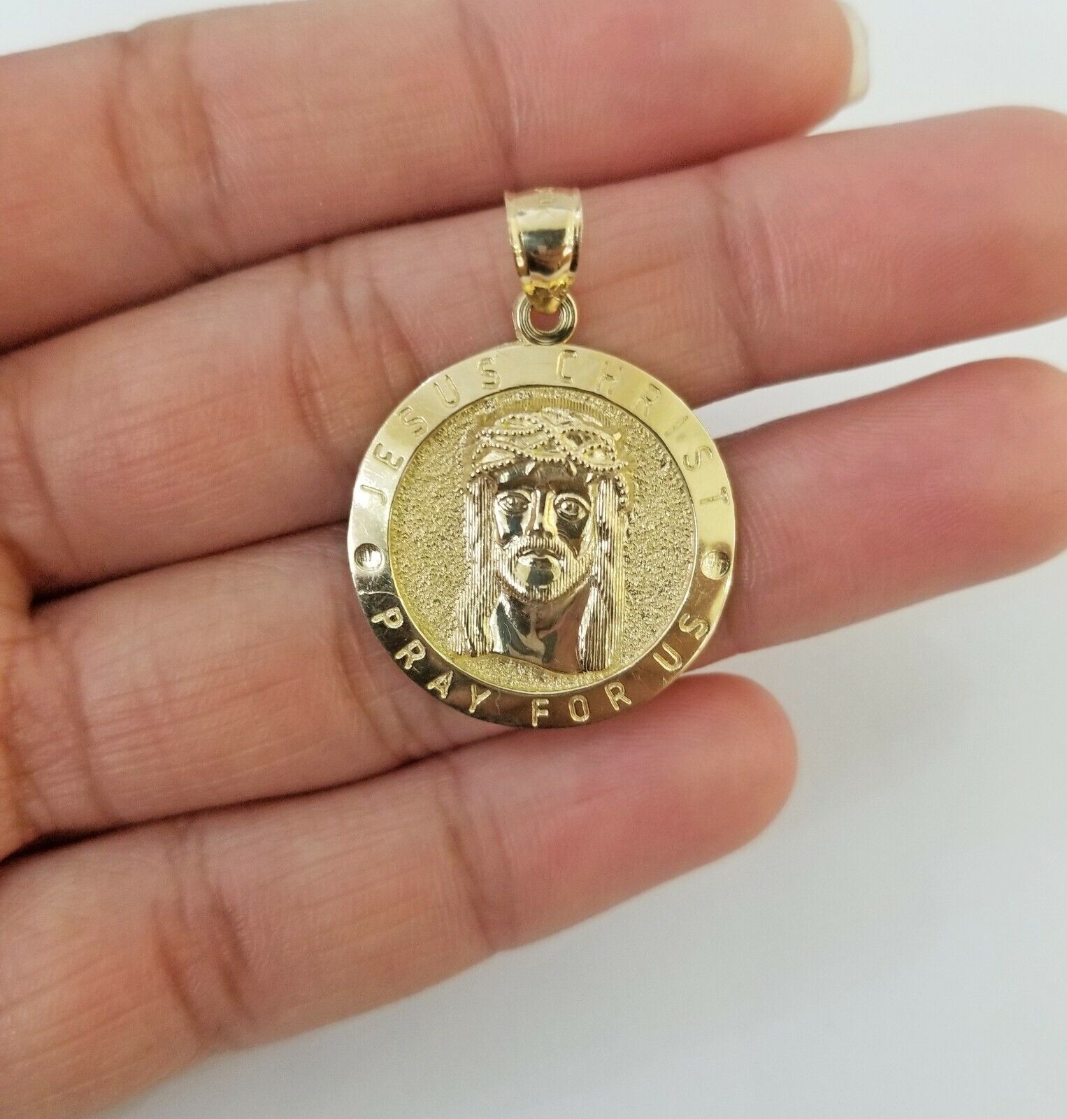 10k Yellow Gold Jesus Christ Charm Pendant Round 1.2" 10kt Real Gold Men Women - GoldenlinQ