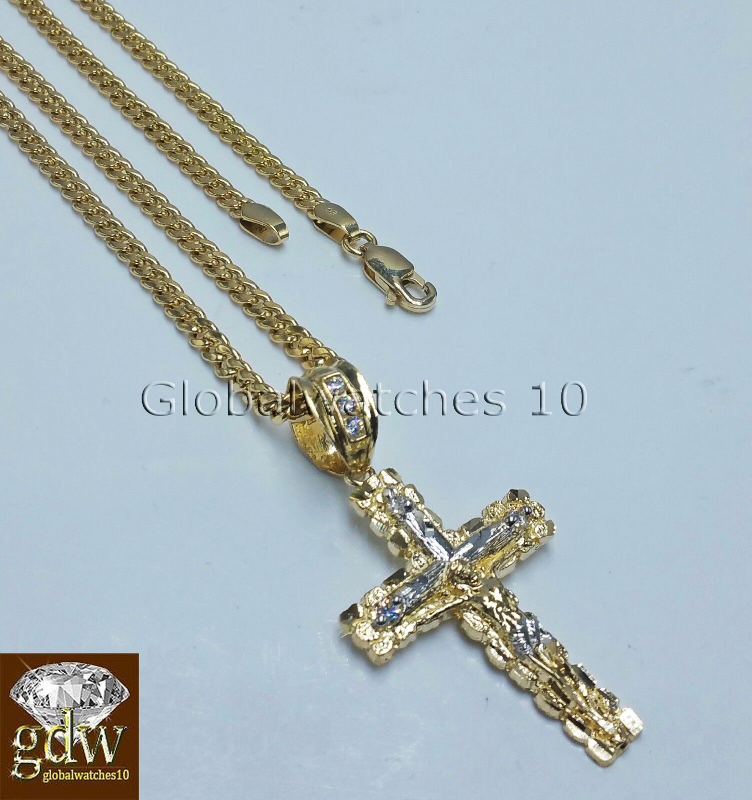 10k Yellow Gold Jesus Cross Charm Pendant 10K 24" Miami Cuban Chain SET Real - GoldenlinQ