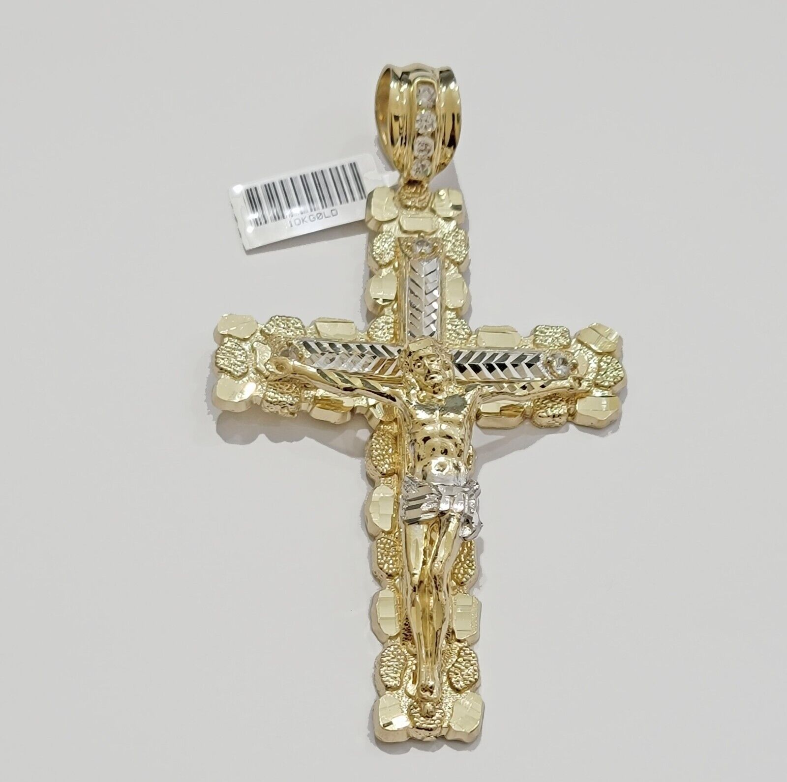 10k Yellow Gold Jesus Cross Charm pendant 4" Inch Mens With Stone, Real 10kt for Sale - GoldenlinQ