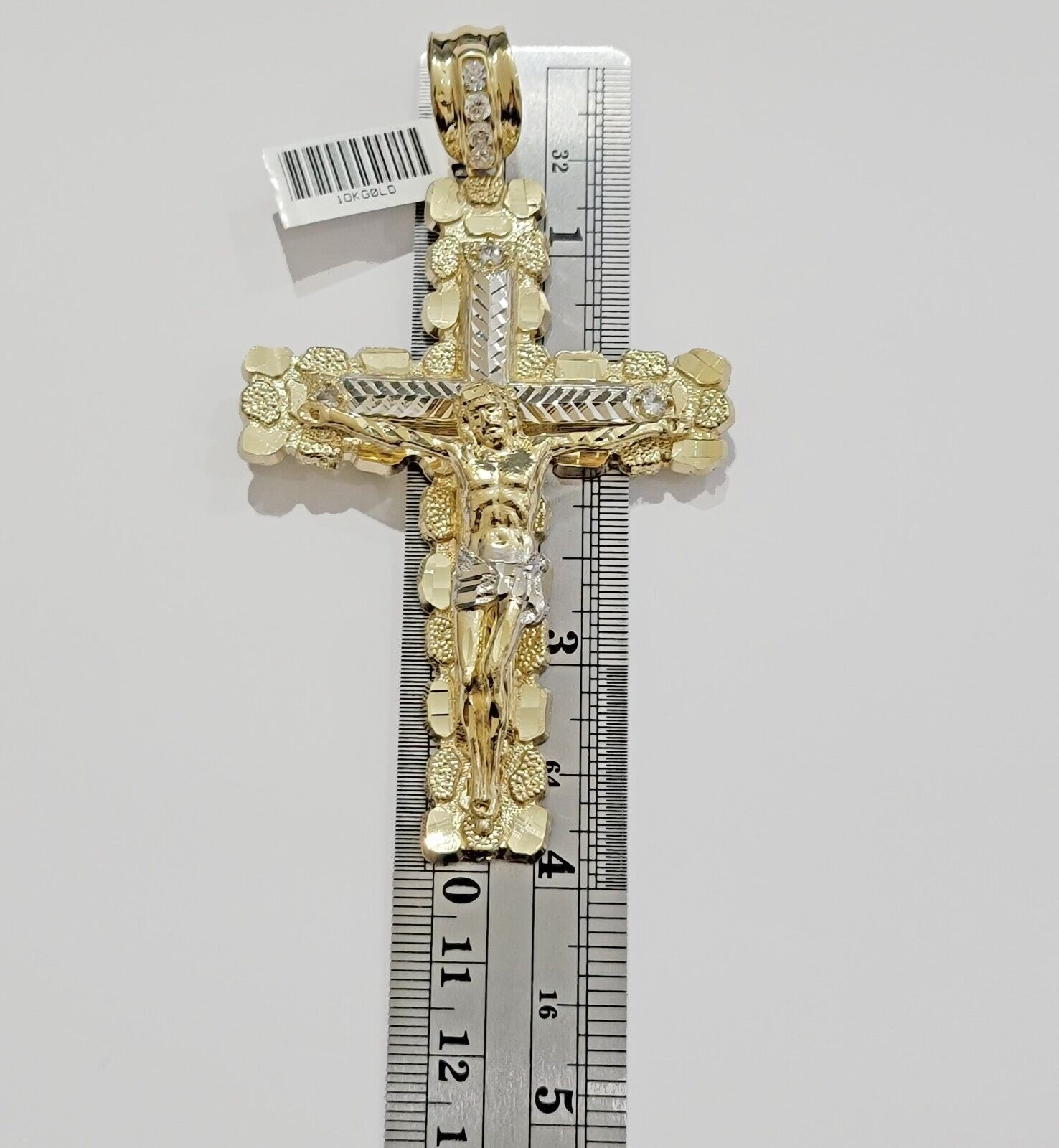 10k Yellow Gold Jesus Cross Charm pendant 4" Inch Mens With Stone, Real 10kt for Sale - GoldenlinQ