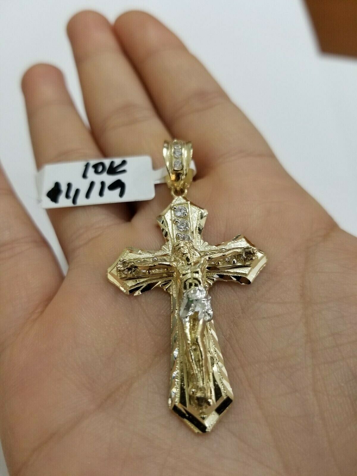 10k Yellow Gold Jesus Cross Charm pendant Diamond Cut Crucifix 2" REAL 10k - GoldenlinQ
